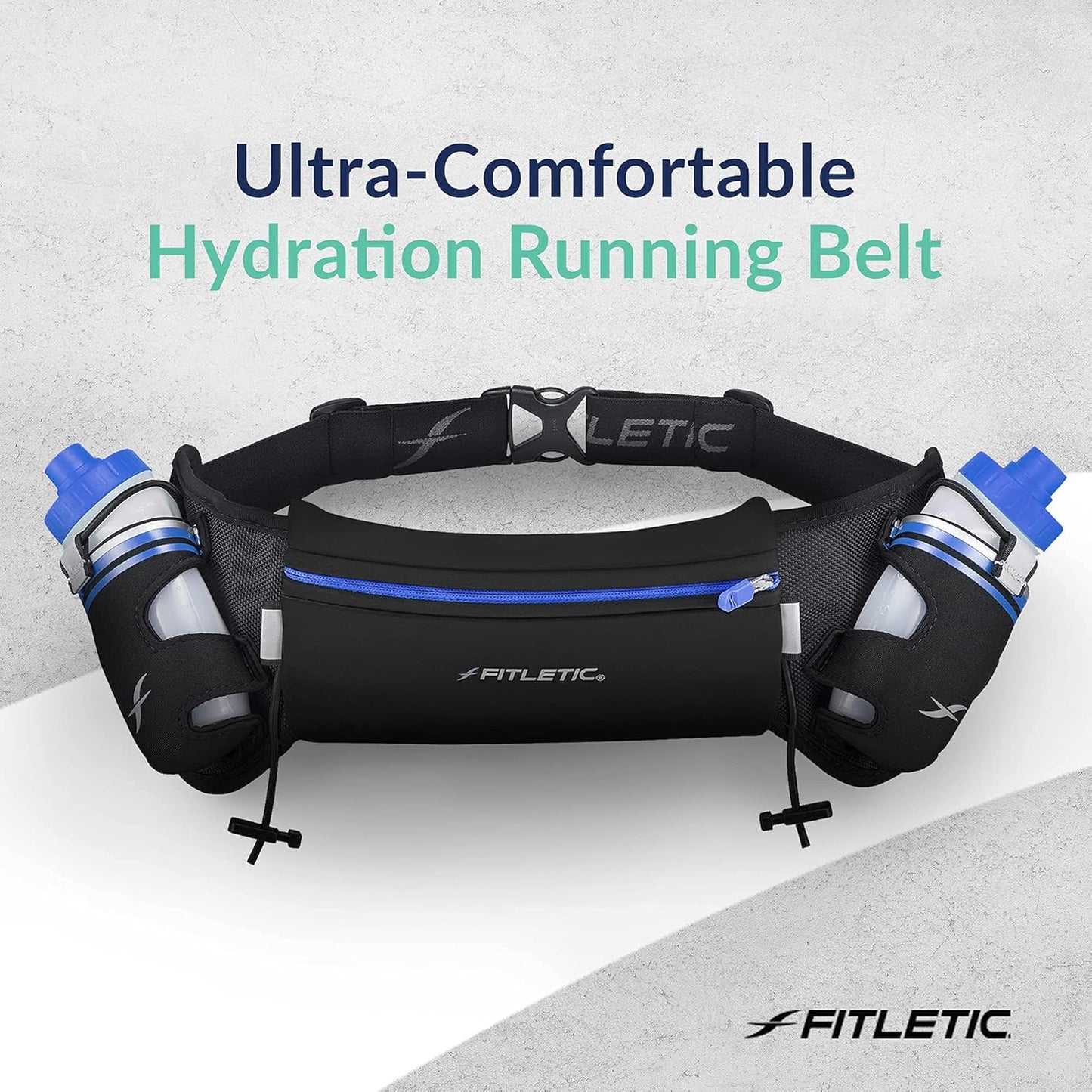 Fitletic Hydration Running Belt with Water Bottles for Men & Women – 2 Quick Flow 8oz Running Water Bottles, Patented Bounce Free Design, Water Resistant Pouch Fits All Phones – Hydra 16