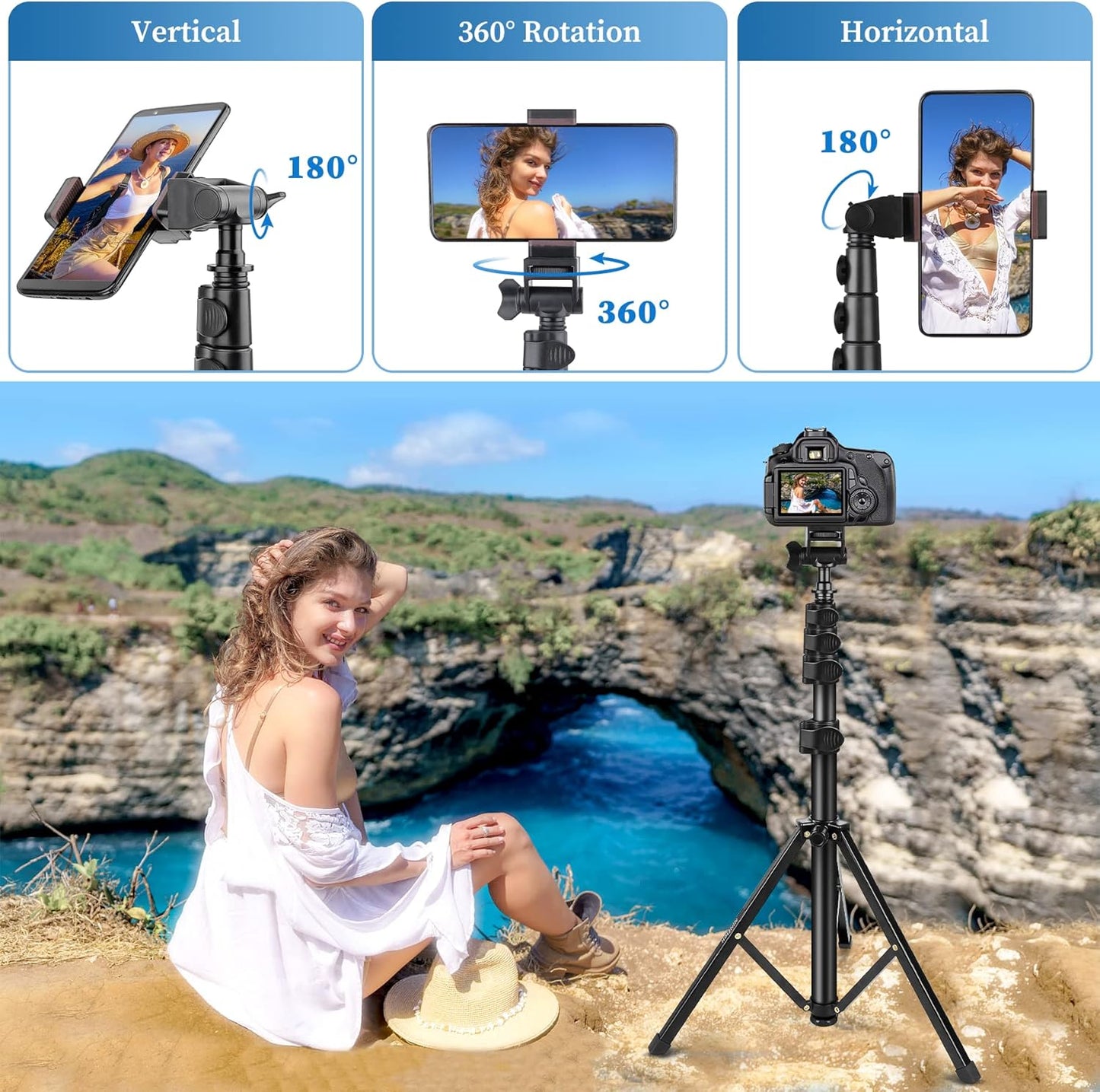 Phone Tripod, 70" Selfie Stick Tripod Stand Cell Phone Tripods with Remote Phone Holder Carry Bag, Aluminum Alloy Selfie Stick Tripods, Compatible with iPhone Samsung GoPro Smartphone