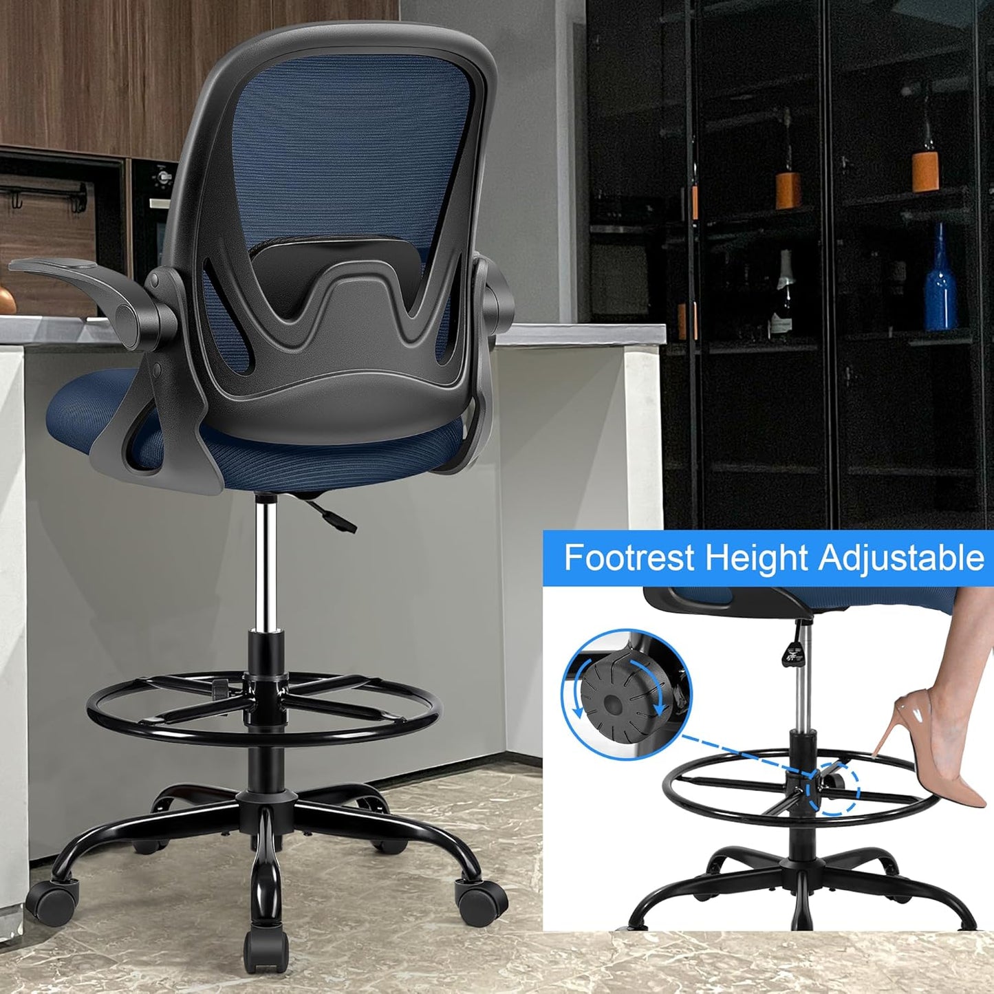Drafting Chair Tall Office Chair with Flip-up Armrests, Adjustable Height, Enhanced Lumbar Support Ergonomic Rolling Stool, Back Support, Adjustable Foot Rest Ring for Standing Desk Navy