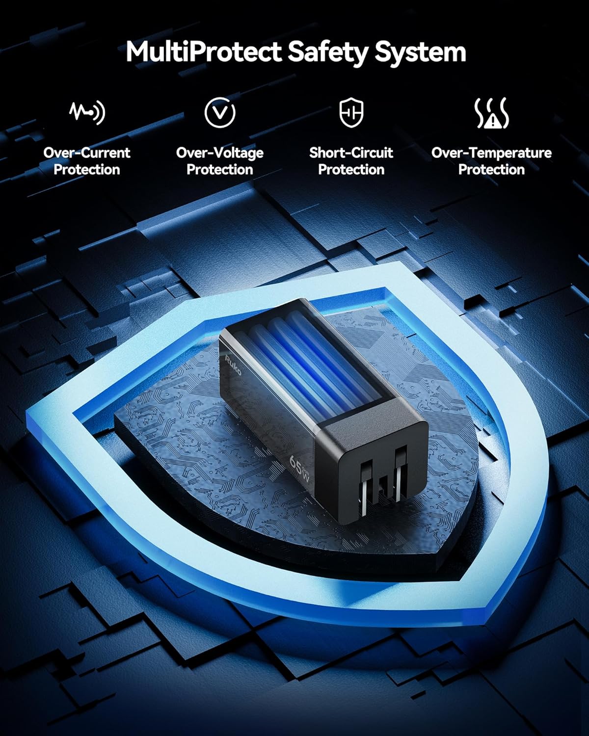 Ruko 65W USB C Charger, 3 Port Compact Foldable GaN Fast Charging Block Wall Charger for MacBook, Galaxy, Dell, Note, iPhone, iPad, Pixel and More (4ft USB-C Cable Included)