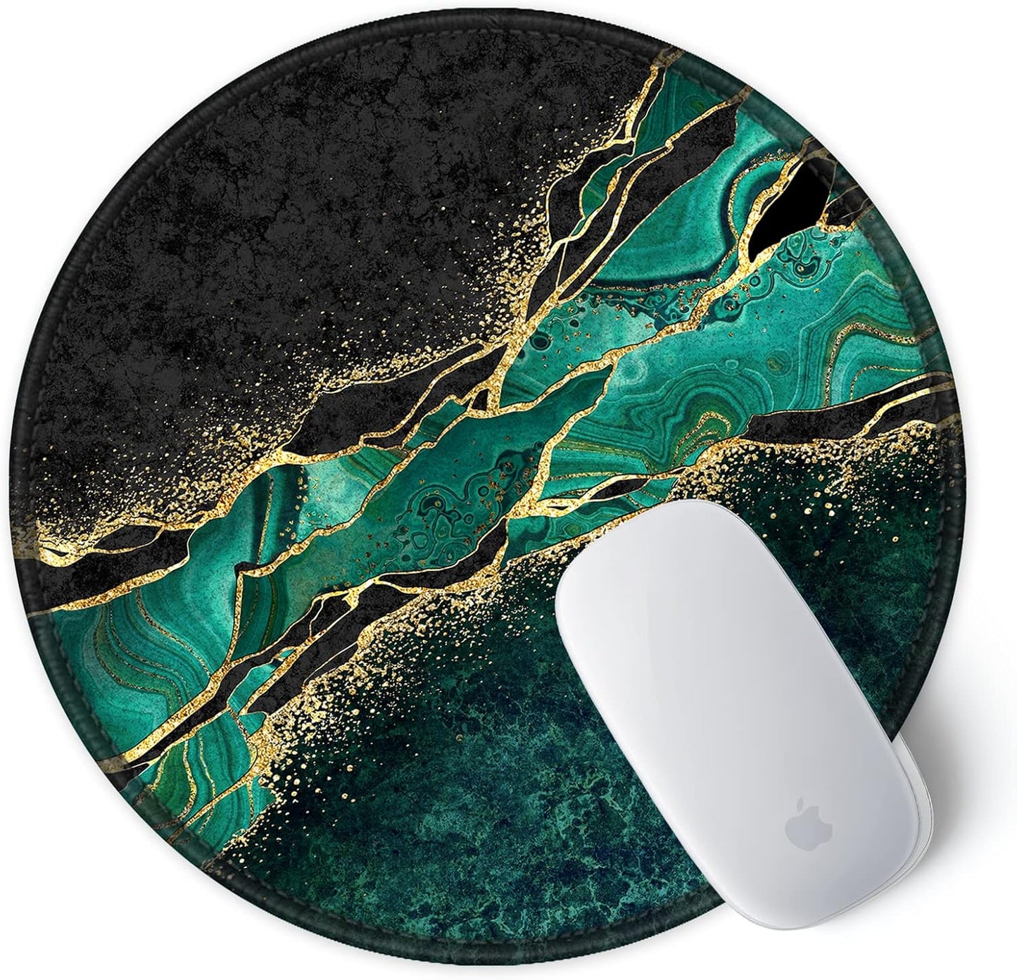 ITNRSIIET Round Mouse Pad with Stitched Edge Premium-Textured Waterproof Non-Slip Rubber Base Desktop Protection Mat Diameter 8.7 inches, Green Marble Gold