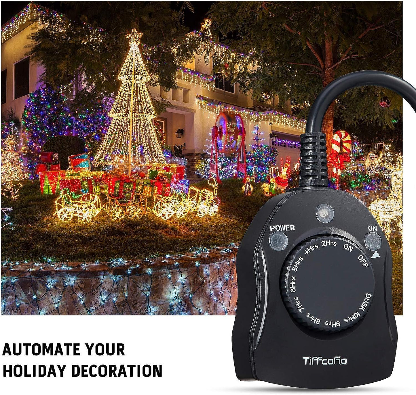 TiFFCOFiO Outdoor Christmas Light Timer, Dusk to Dawn Sensor Countdown, Outdoor Timers for Electrical Outlets Waterproof, 2 Grounded Outlets for Christmas Lights, 15A 1/2HP, CSA Listed (2 Pack)