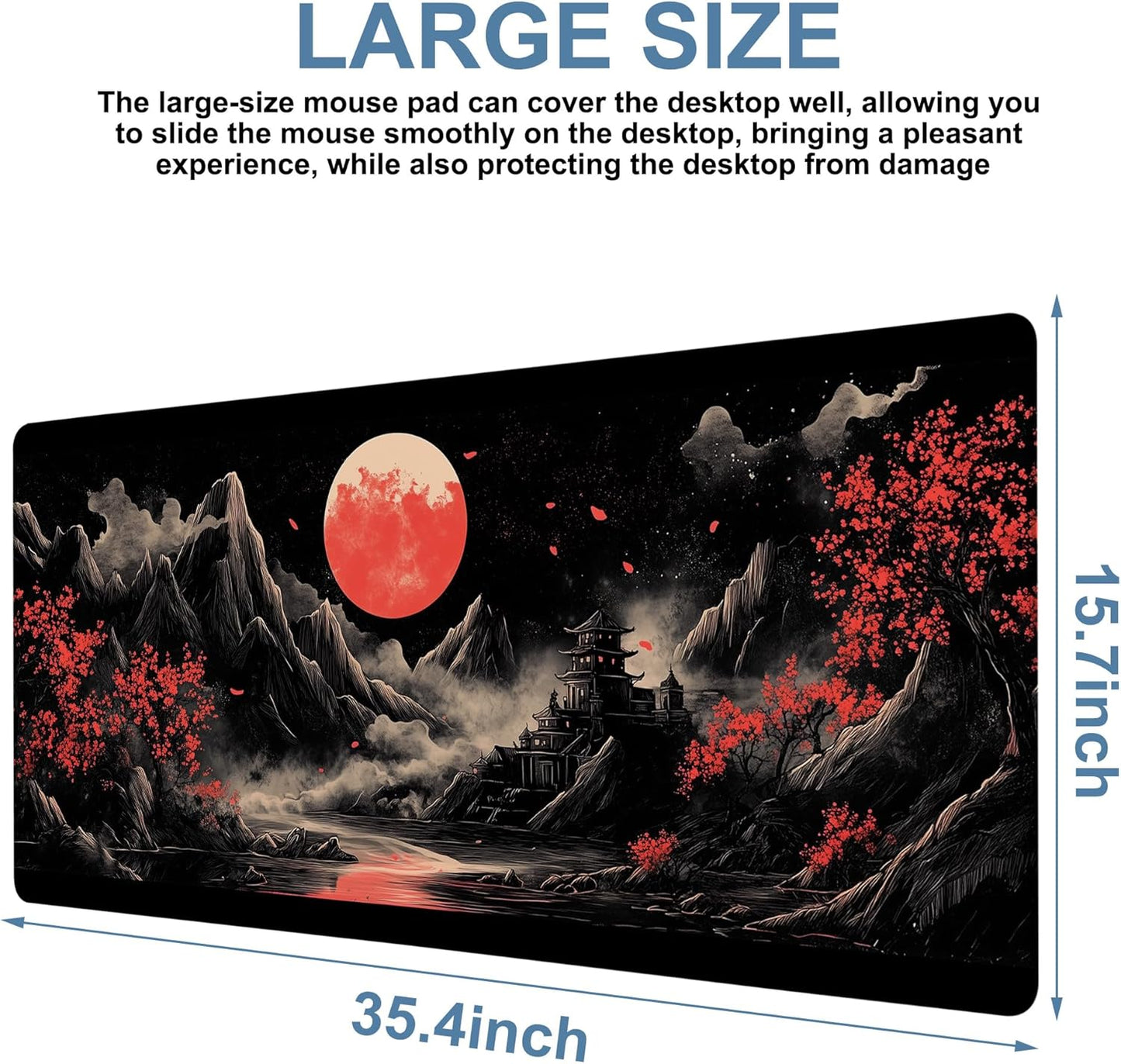 Chinese Style Painting Gaming Mouse Pad 3mm Thick Stitched Edge Waterproof Non-Slip Large Computer Keyboard Mouse Mat,Suitable for Office Entertainment Decorative Desk Pad 35.4 x 15.7 Inches