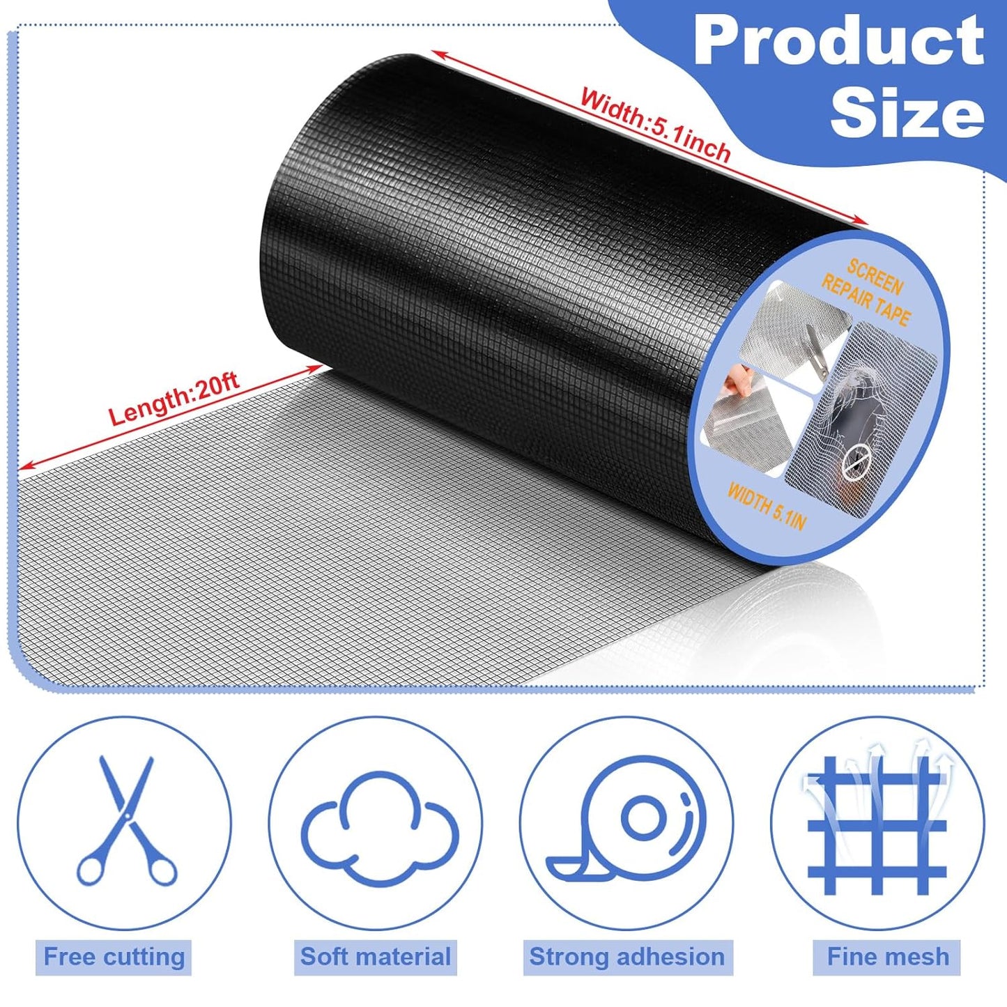 Extra Wide 5 inch x 20 ft Window Screen Tape Mesh Repair Strong Adhesive Waterproof Fiberglass Screen Repair Kit Patch for Window Door Tears Holes(Black)