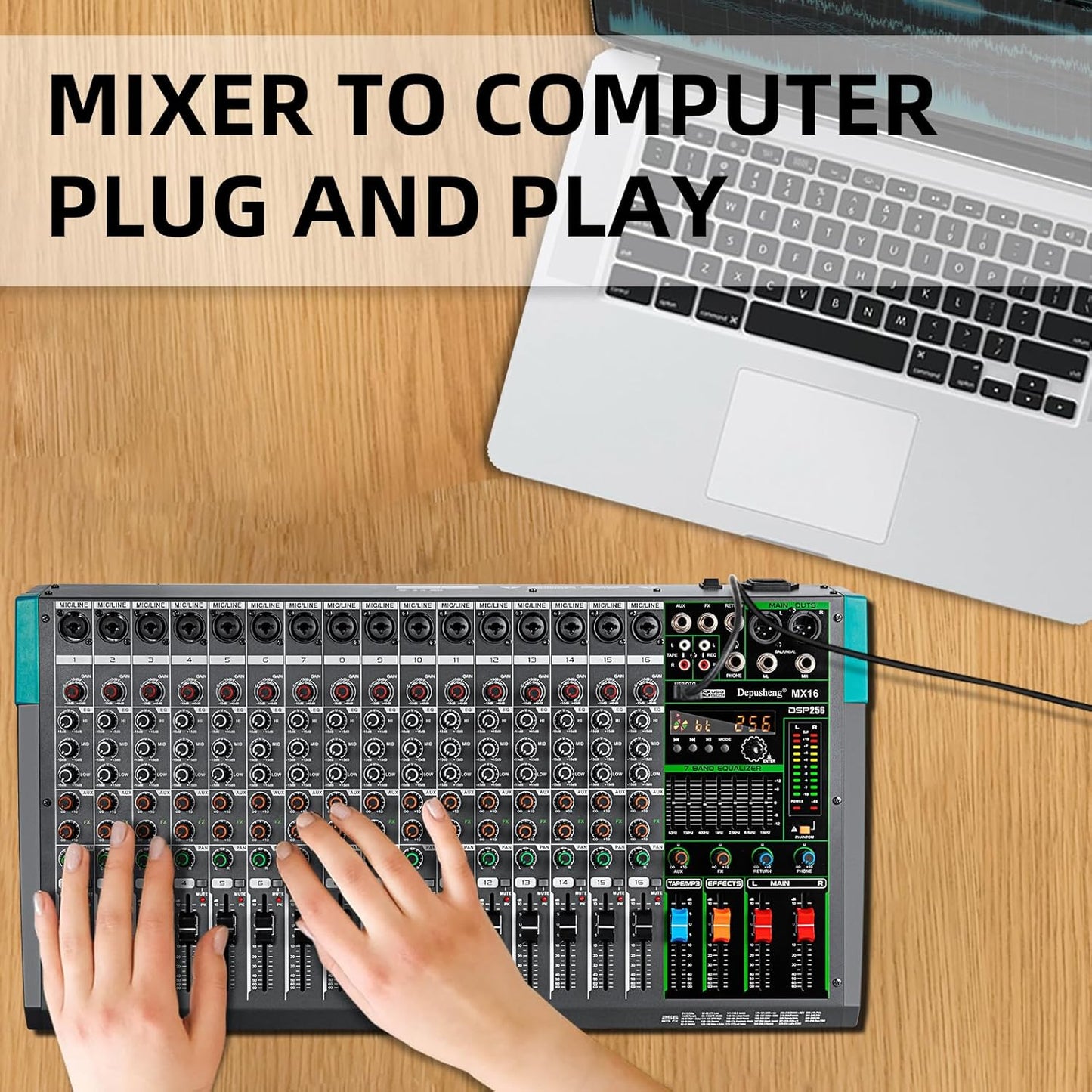 Depusheng MX16 16 Channel Sound Mixer Audio Mixing Console 48V 256DSP Professional USB PC Play Record Podcast Live Broadcast (US MX16)