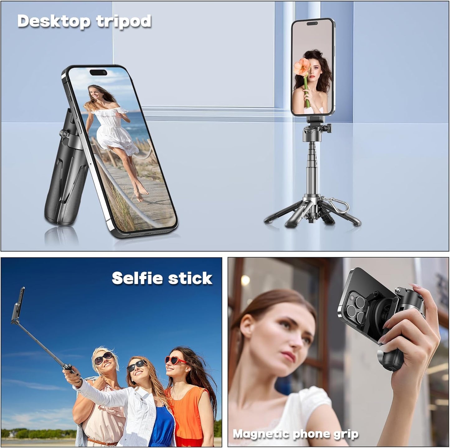 Magnetic Tripod for Phone with Remote Control, Extendable Selfie Stick Handle Grip Pocket Size, 4-in-1 Mini Phone Grip, 10m Wireless Shutter for iPhone Android Phones （Black）