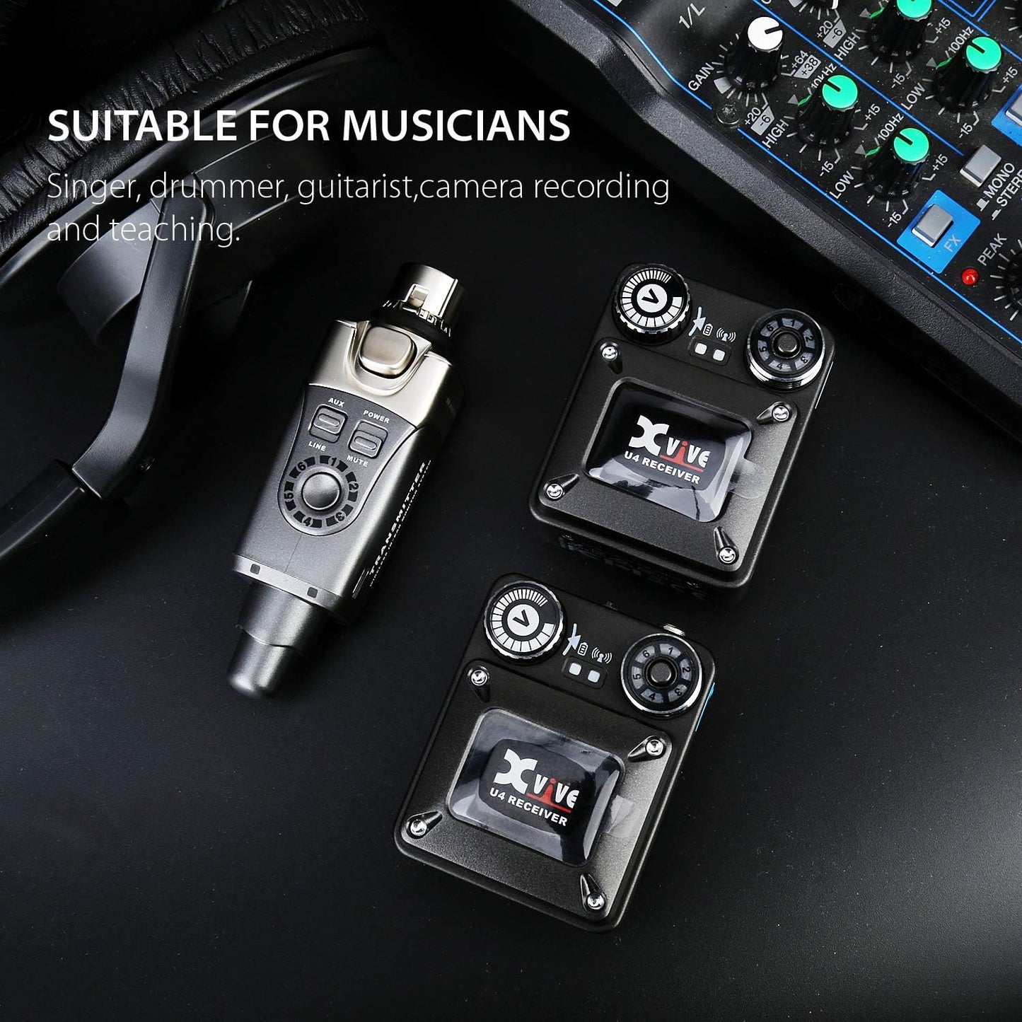 Xvive U4R2 Wireless in-Ear Monitor System Professional IEM System 1 Transmitter and 2 Beltpack Receiver for Studio, Band Rehearsal, Live Performance (U4R2)