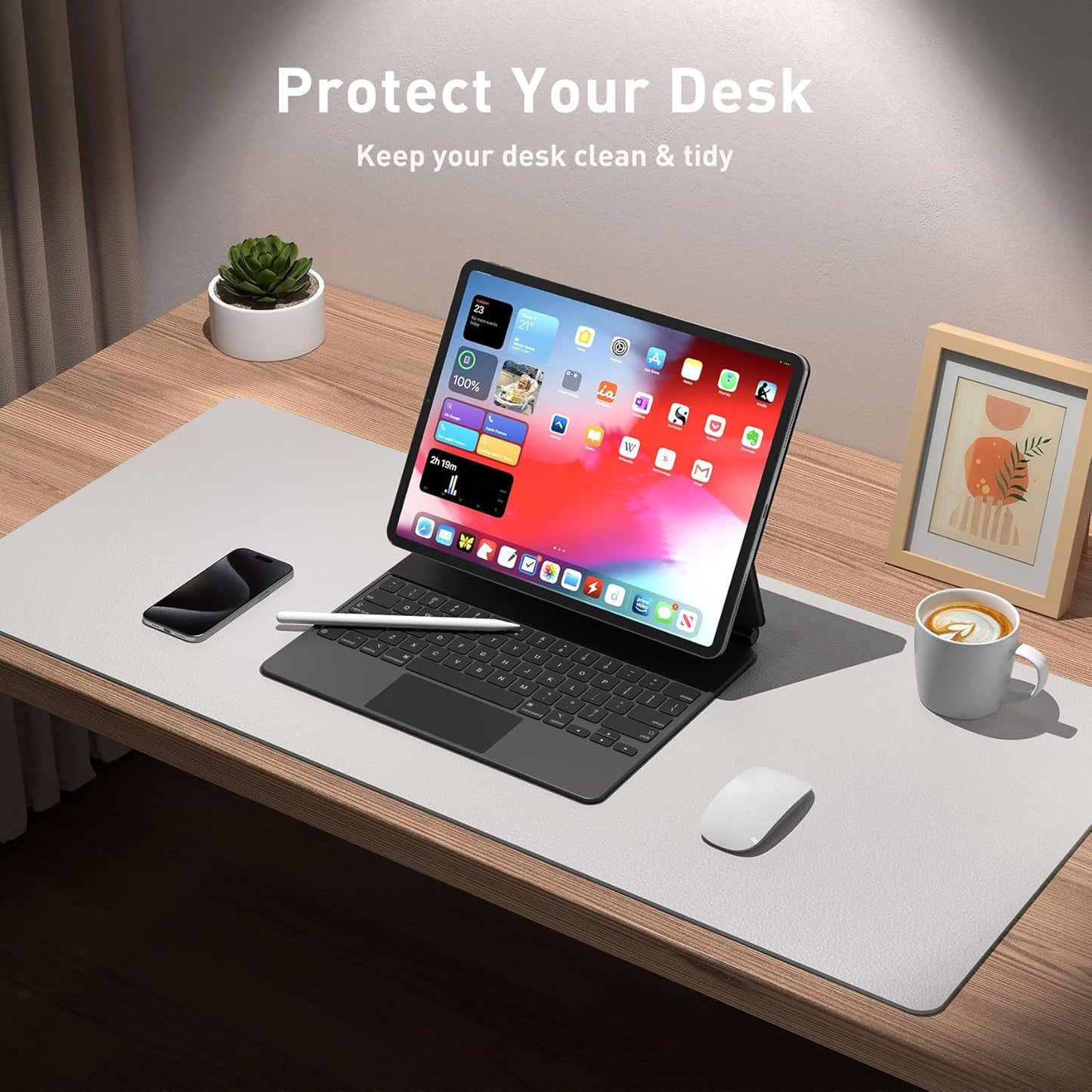 Aothia Large PU Leather Desk Pad Protector – Non-Slip Mouse Pad & Writing Mat for Office/Home, Waterproof, Easy to Clean (36" x 17", Pale Lavender White)