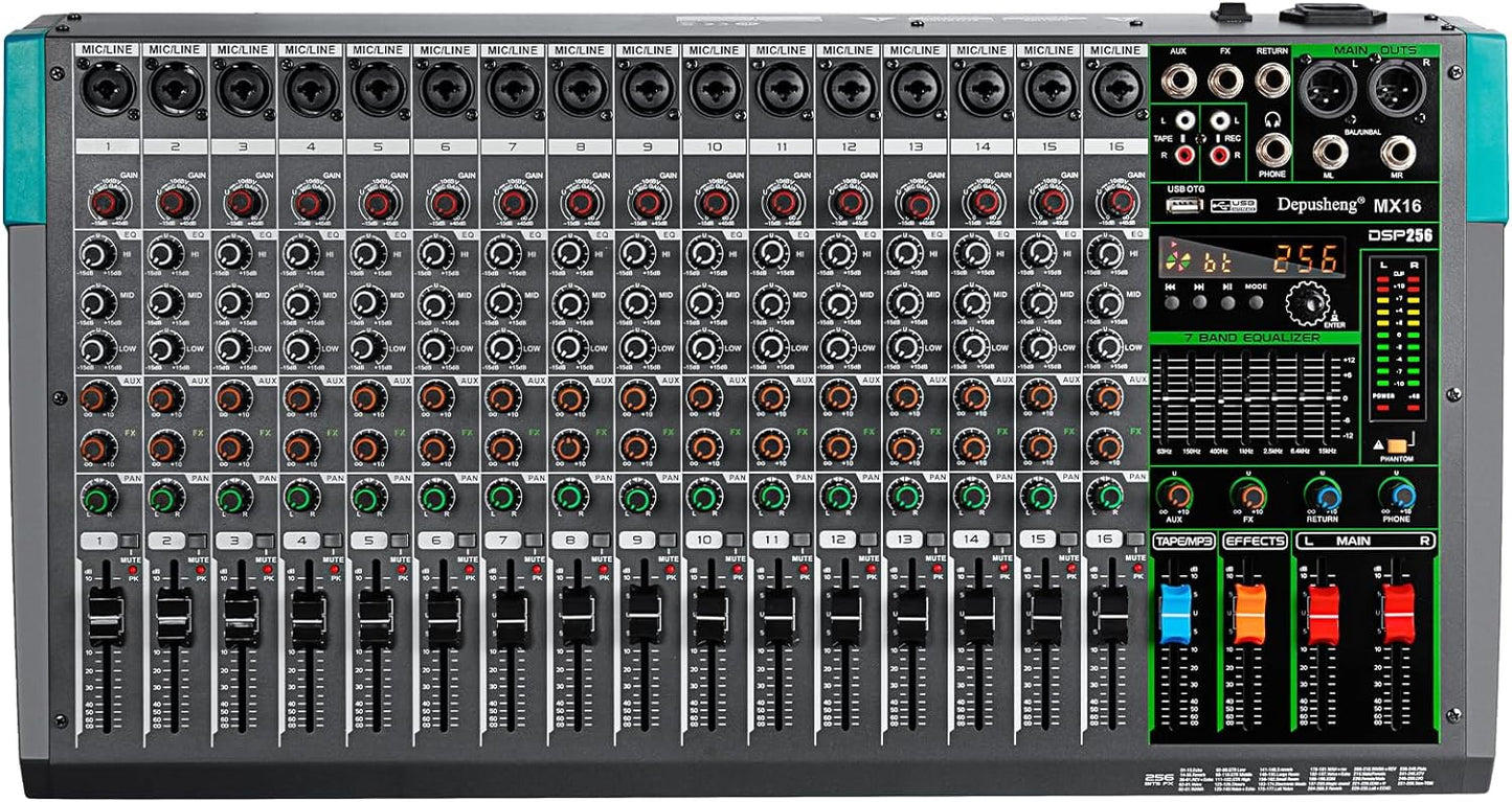 Depusheng MX16 16 Channel Sound Mixer Audio Mixing Console 48V 256DSP Professional USB PC Play Record Podcast Live Broadcast (US MX16)