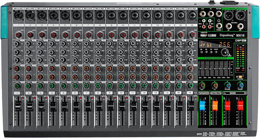 Depusheng MX16 16 Channel Sound Mixer Audio Mixing Console 48V 256DSP Professional USB PC Play Record Podcast Live Broadcast (US MX16)