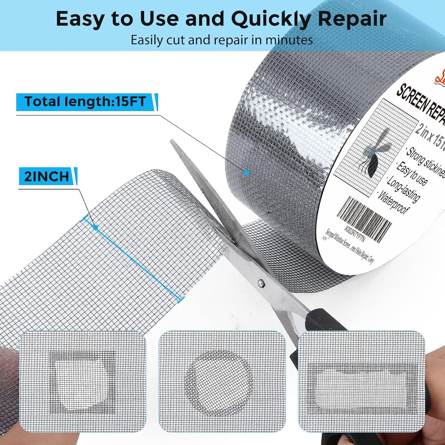 Grey Window Screen Repair Tape, 2IN X 15FT (180IN) Screen Repair Kit for Windows or Doors, Strong Adhesive Patch Kit Fiberglass Mesh Tape