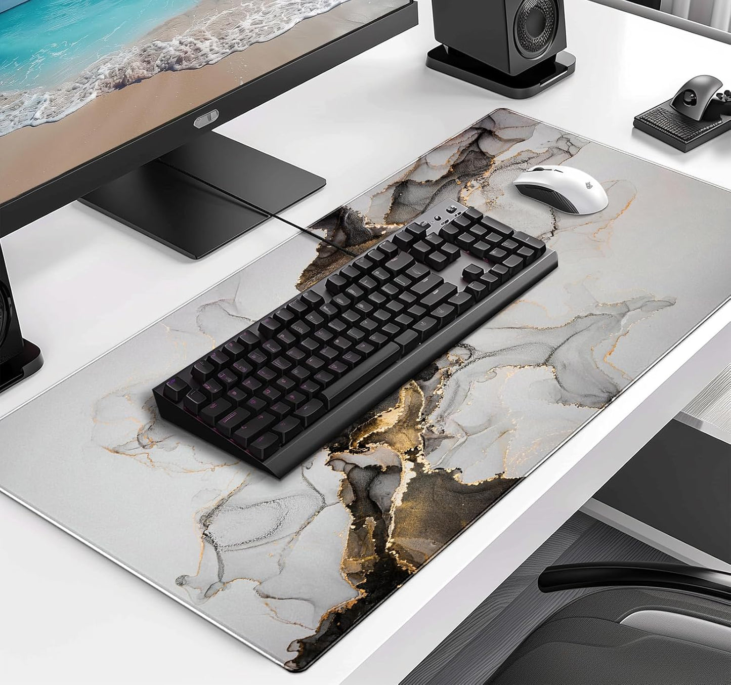 Large Extended Gaming Mouse Pad with Stitched Edges, Non-Slip Waterproof Rubber Base Mouse Pad for Office, Computer, Keyboard, Laptop and Home Desk Pad 35.4 x 15.7 x 0.12 Inch (Marbling)