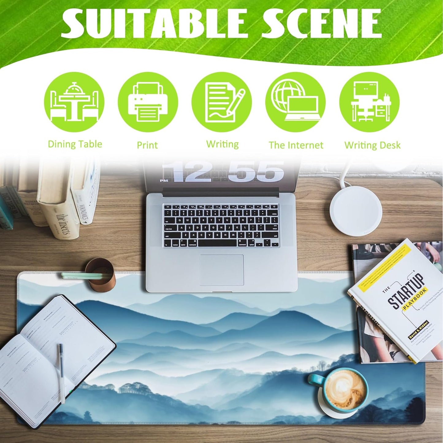 Large Gaming Mouse Pad for Desk,Mountain Desk Mat,Misty Forest Mountains Desk Pad,Extended Big Computer Keyboard Mouse Pad with Non-Slip Base and Stitched Edge,31.5"x11.8"