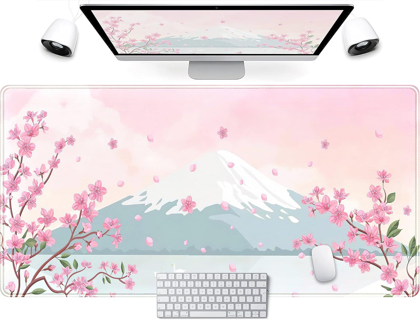 Japanese Desk Mat Pastel Pink Cherry Blossom Mouse Pad Mt Fuji Japan Large Gaming Anime Mousepad XXL 31.5x15.75 in, Kawaii Aesthetic Flower Cute Women Office Decor Computer Laptop Keyboard Mat