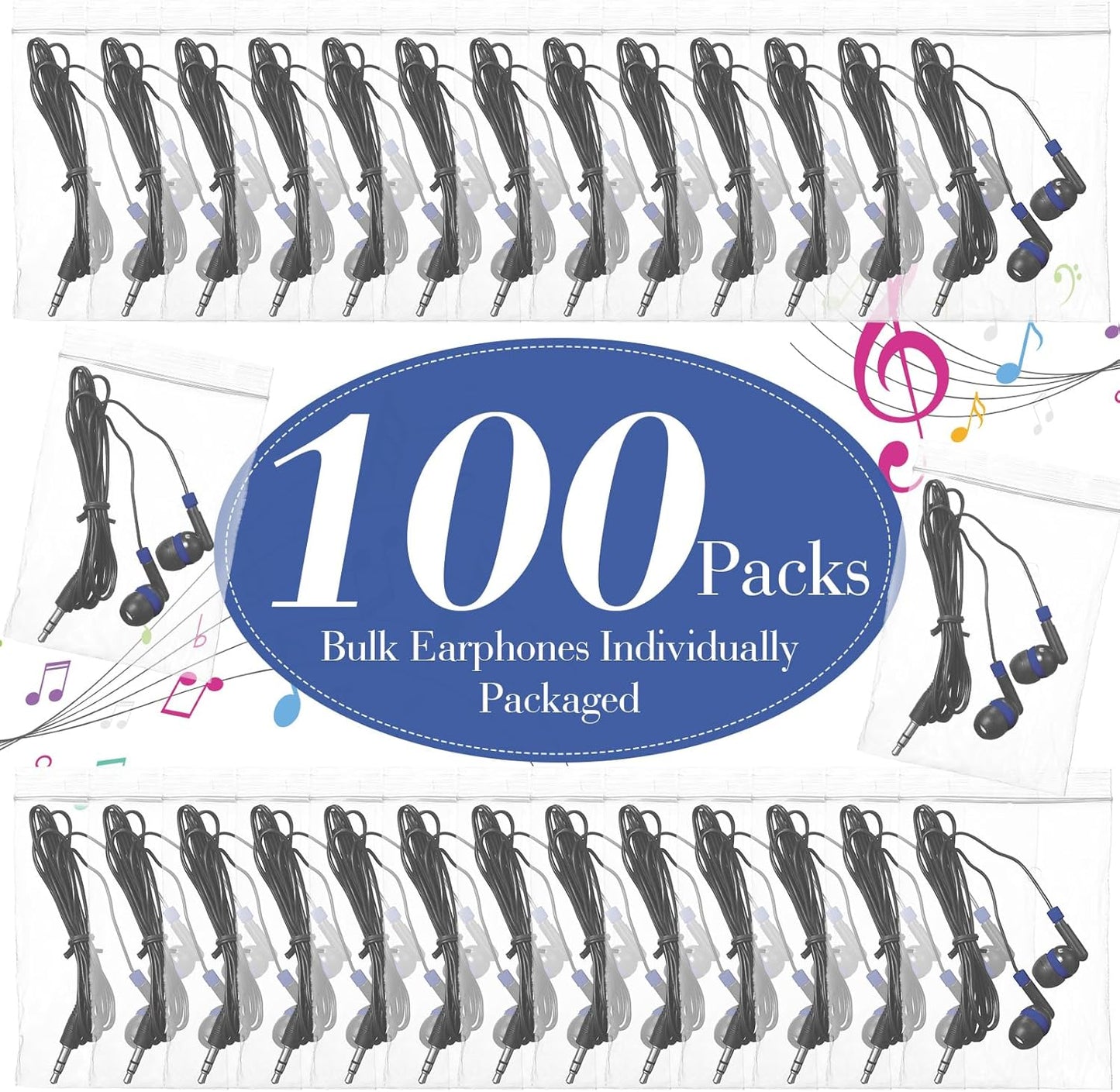 Kanayu 100 Pack Wired Earbuds Bulk for Classroom Ear Headphones Wired Basic Student Earbuds No Microphone with 3.5mm Jack for Kids Class Laptop School Library, Individually Bagged(Dark Blue)