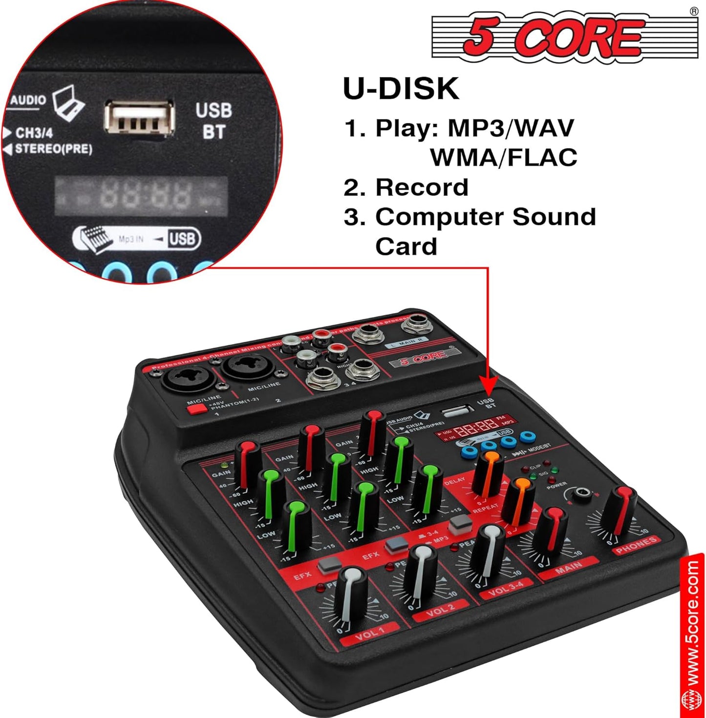 5 Core Audio Mixer 4 Channel DJ Mixing Board Small Bluetooth USB Analog Mezclador De Audio w Phantom Power Console for Live Recording Podcast Karaoke PARENT MX 4CH (Black)