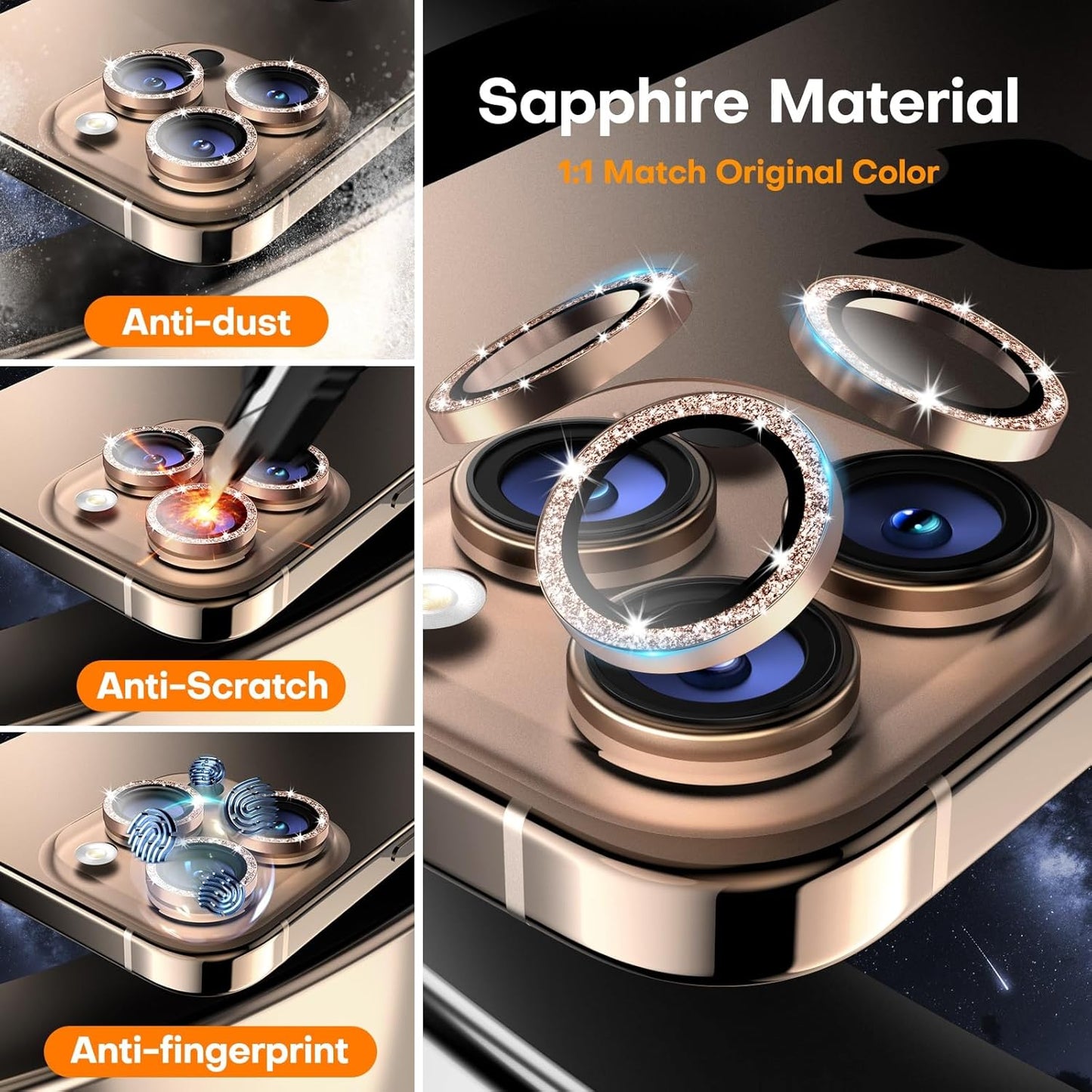 Camera Lens Protector for iPhone 16 Pro Max/16 Pro/15 Pro Max/15 Pro/14 Pro Max/14 Pro, Sapphire Glass Metal Individual Camera Cover Screen, Anti-drop, Case Friendly- Glitter Desert Titanium