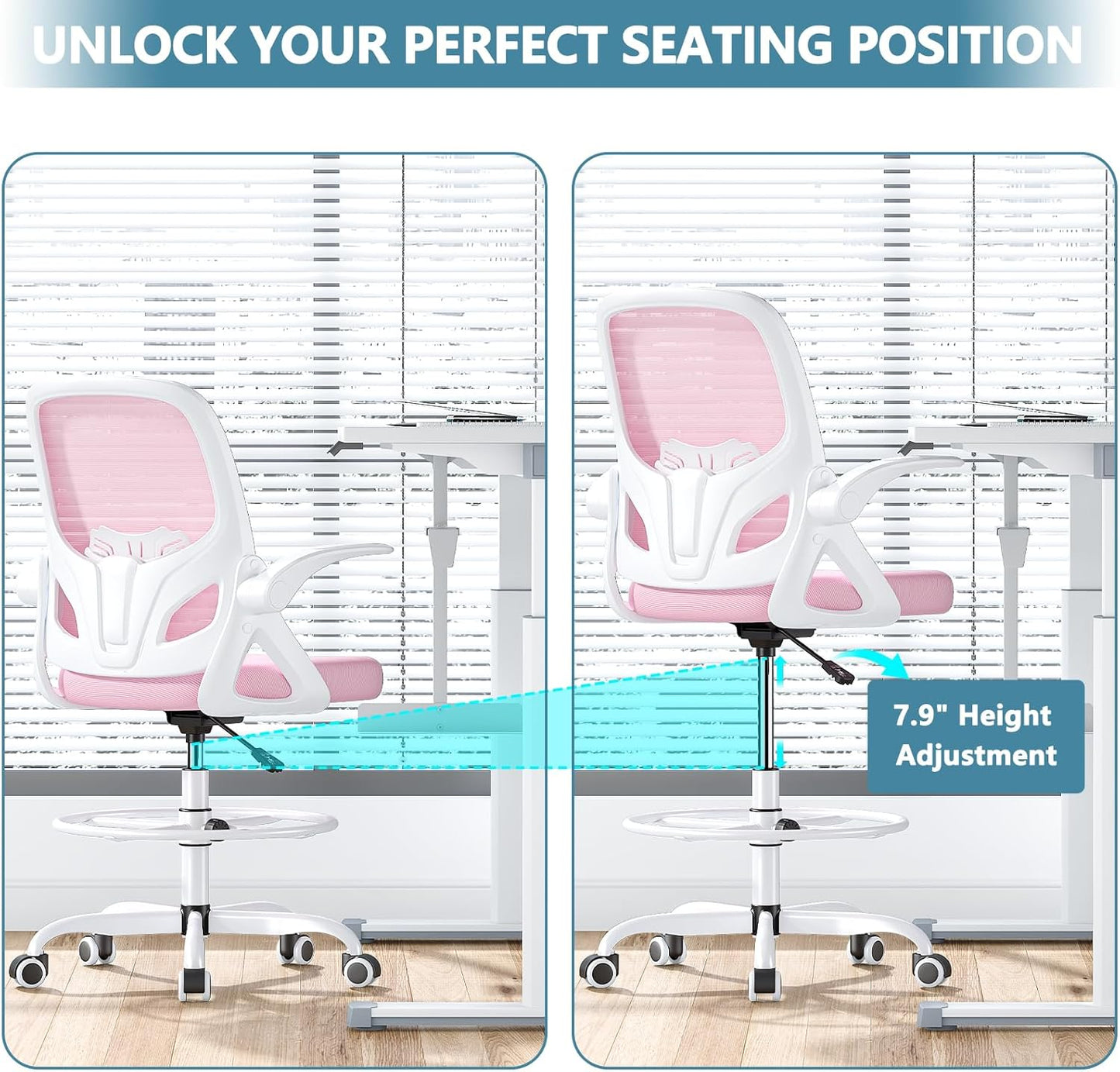 Tall Drafting Chair with Footrest Ring for Home and Work, Ergonomic Home Desk Office Chair with Flip up Arms and Lumbar Support, Extended Height Executive Desk Office Chair(Pink)