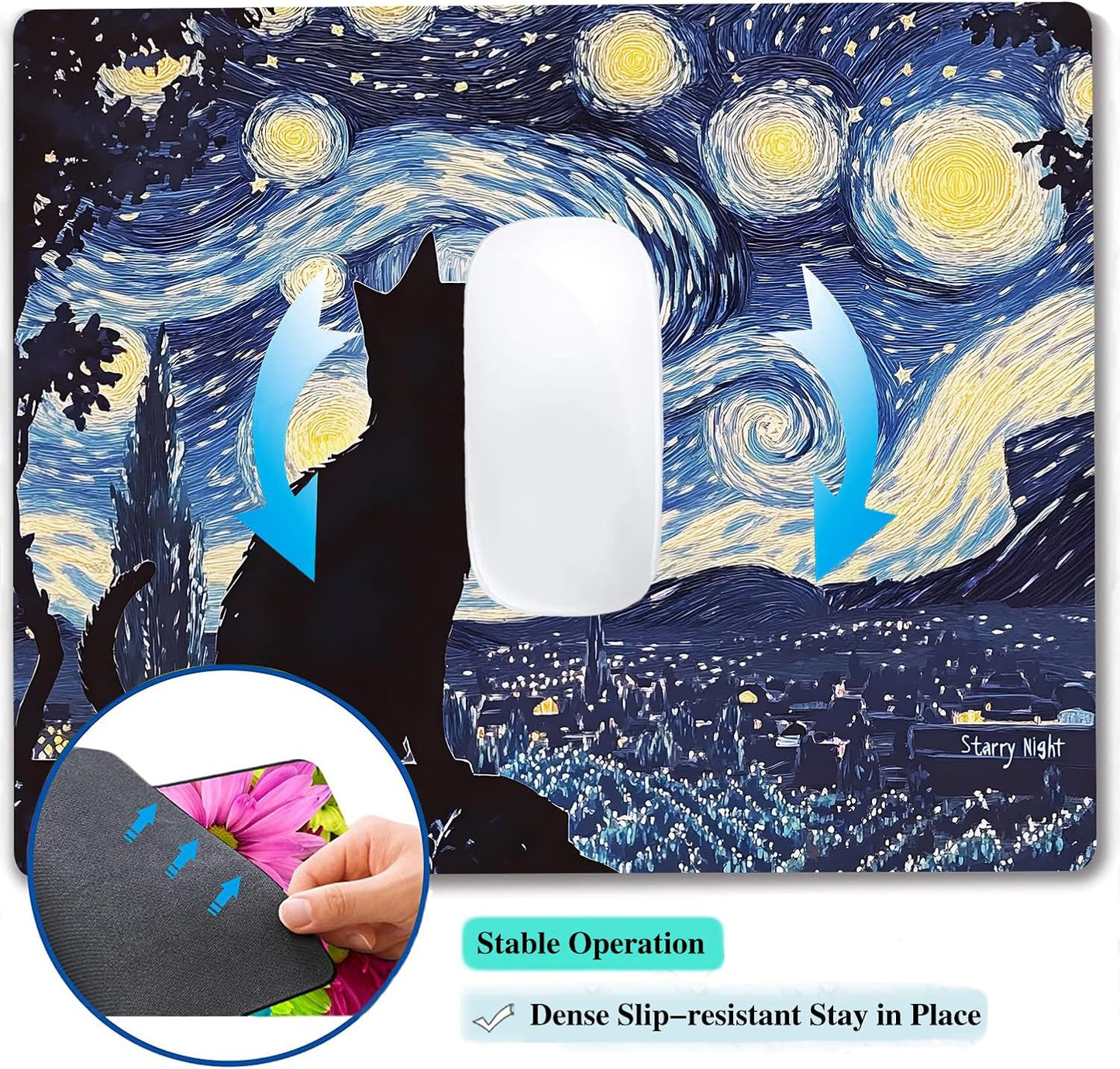 Starry Night Black Cat Custom Mouse Pad with Non-Slip Rubber, Small Square Design for Wireless Laptop & Computer Mouse Pads for Desk, 9.5 x 7.9 inch Smooth Surface for Gaming & Office