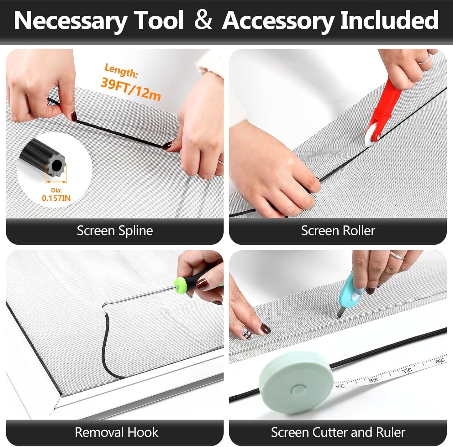 Window Screen Door Repair Kit, 59" x 159" Screen Door Mesh Replacement Kit, Durable Fiberglass Mesh Roll with Tools for Windows Doors Patio and Porch Replacement, Grey