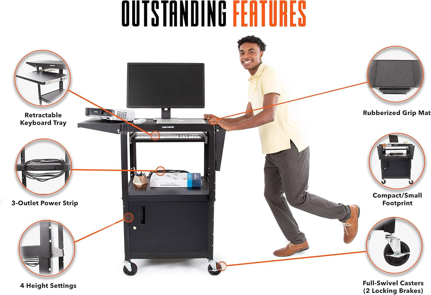 Line Leader Rolling AV Cart with Locking Cabinet, Laptop Stand, and Drop Leaves, Height Adjustable Mobile Utility Cart Workstation with Extra Storage Space, UL-Listed Power Strip (Black / 46 x 18)