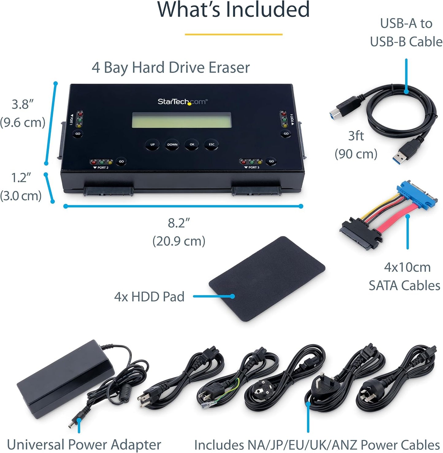 StarTech.com 4 Bay SSD/HDD Hard Drive Eraser, 2.5/3.5" SATA, Hostless Standalone Secure Erase, Disk Sanitizer, Hardware Wiper Erasing Tool, 9 Modes, RS232 Printer Port, NIST/DOD, LCD, TAA (SATERASER4)