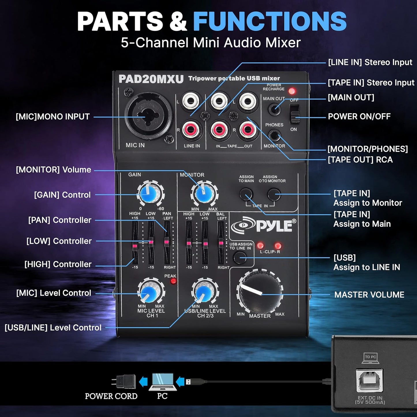 Pyle 5-Channel Professional Audio Mixer DJ Sound Board – Compact Music Mixer with USB Interface, EQ Controls, XLR Mic Input, 18V Phantom Power, Rechargeable Battery – USB/Line/Master Controls