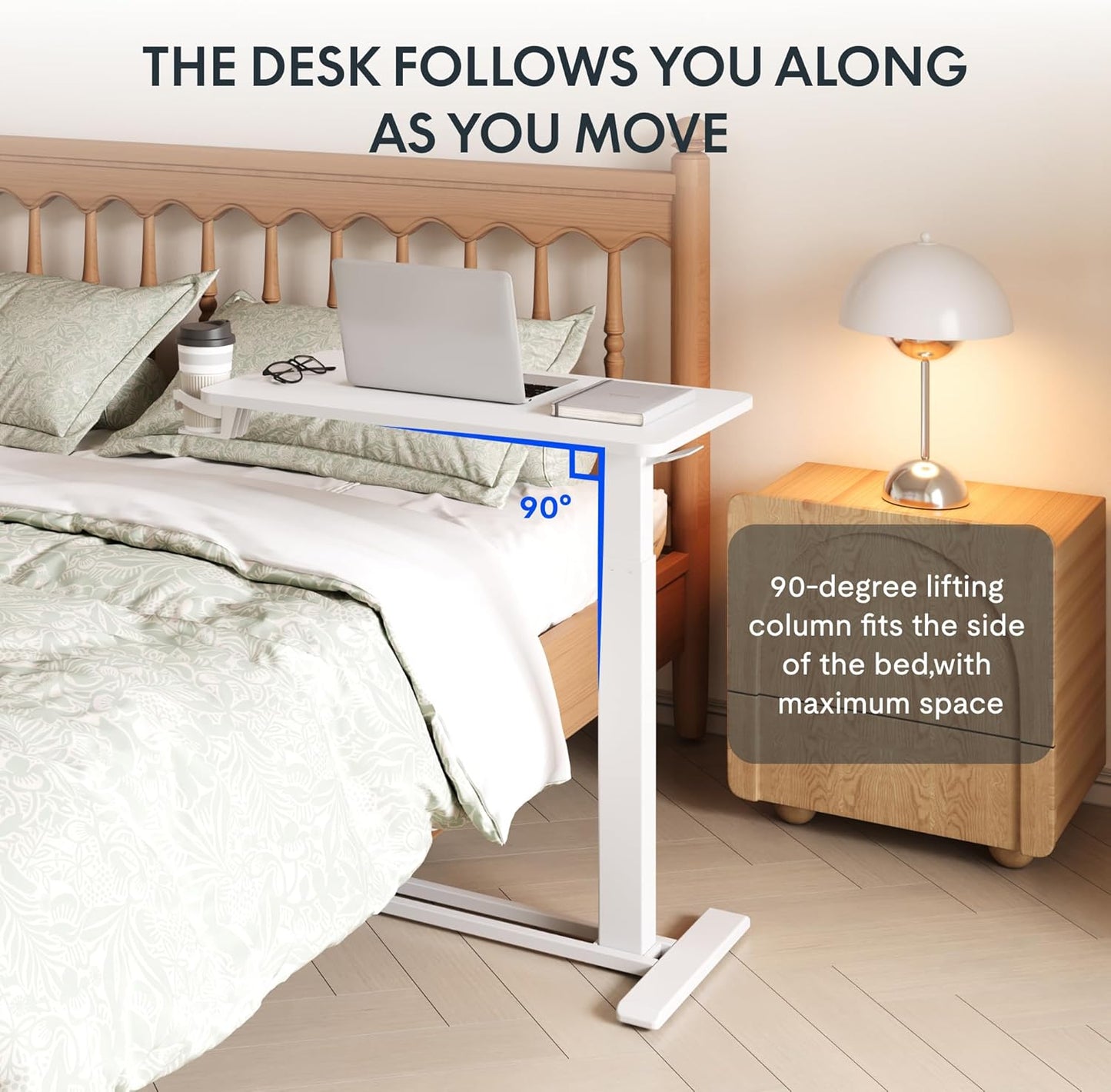 FLEXISPOT H7 Adjustable Overbed Bedside Table with Wheels Pneumatic Mobile Standing Desk Laptop Desk Rolling Computer Cart Movable Overbed Table Hospital Home Use(27.6" W x 15.7" D, White)