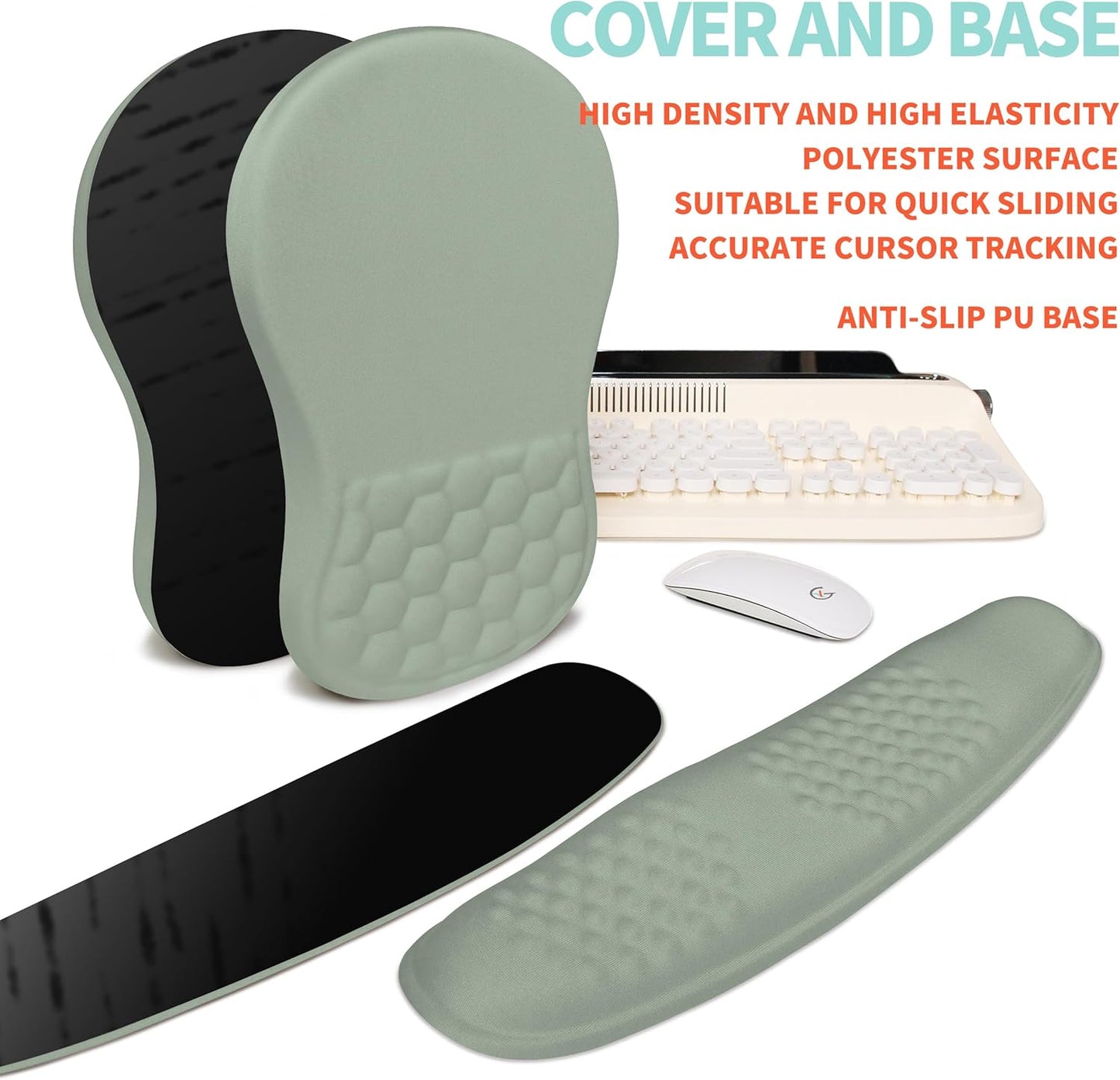 2-in-1 Ergonomic Set, Wave Rise Keyboard Wrist Rest and Massage Bulge Slope Mouse Pad Wrist Support, Cushion Memory Foam Integrated to Relieve Wrist Pain, Light Green