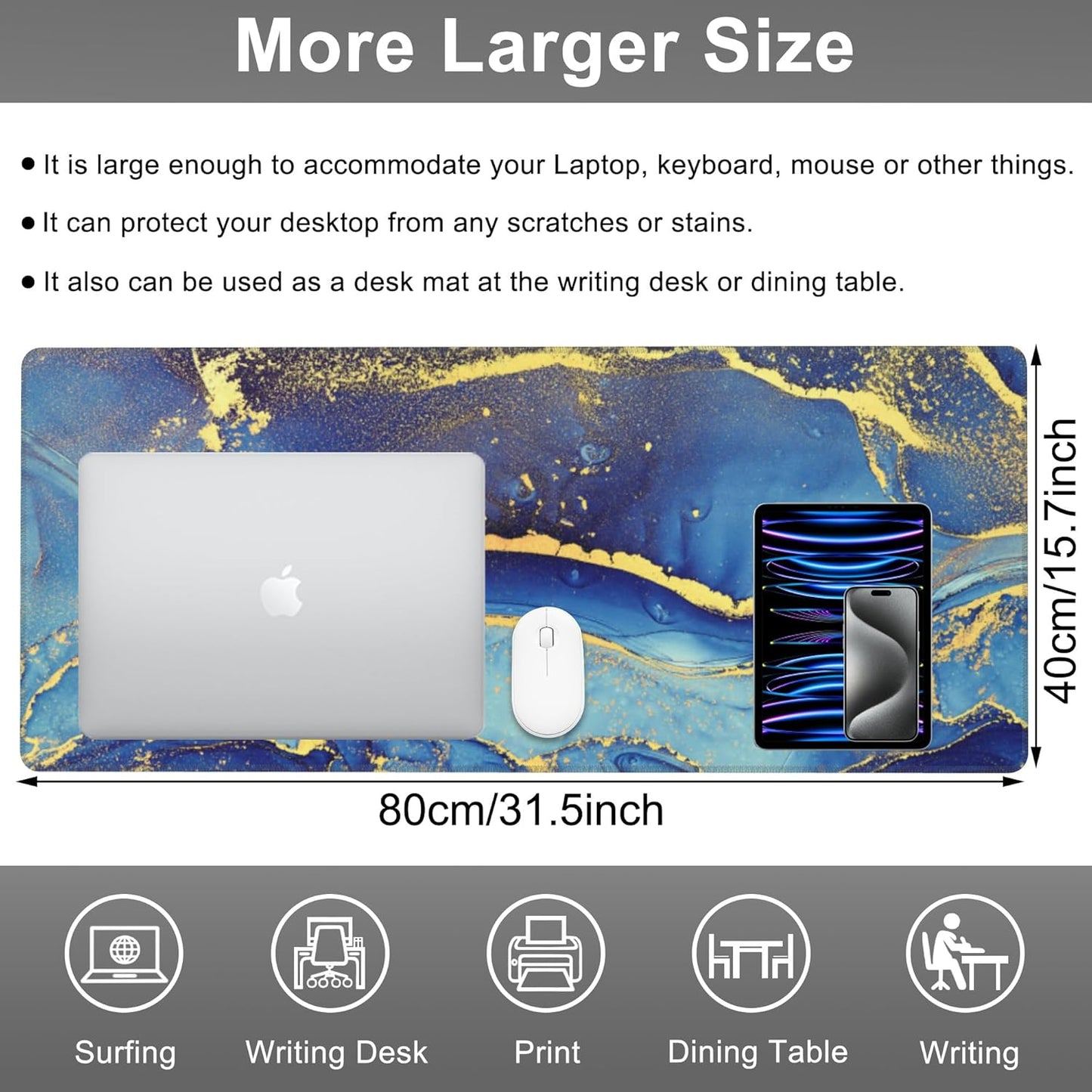 Mouse Pad, Large Alcohol Ink Art Desk Mat, Extended Non-Slip Gaming Keyboard Mousepad Desk Pad, Thick Stitched Edges Waterproof Mouse Mat 31.5"x15.7" (Abstract Fluid Art Painting)