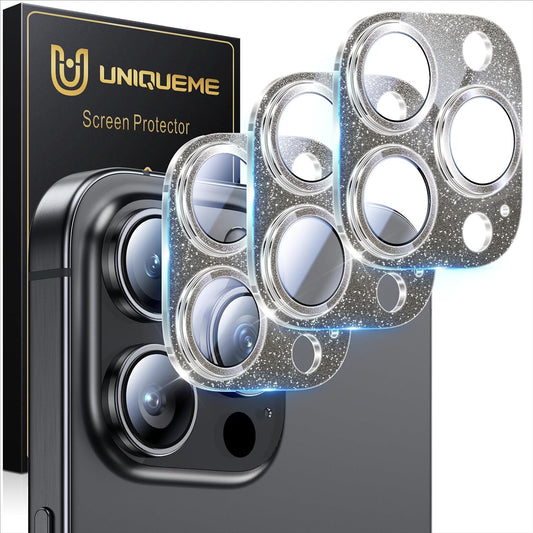 UniqueMe for 3 Pack iPhone 15 Pro/iPhone 15 Pro Max Camera Lens Protector, [Drop Protection] [Case Friendly] Camera Cover Screen [Update New Version] - Intergrated Glitter Black