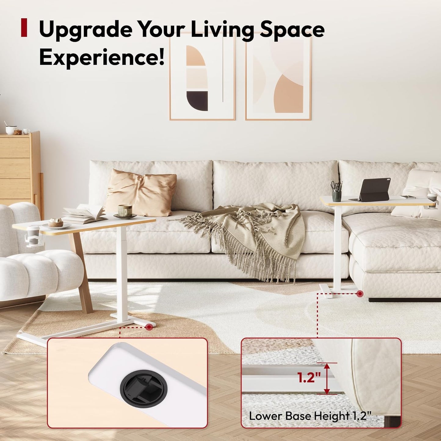 SANODESK Medical Adjustable Overbed Bedside Table with Hidden Casters, Pneumatic Mobile Laptop Computer Standing Desk Cart with Tray, Hospital and Home Use(31.5" W x 17.7" D, White)