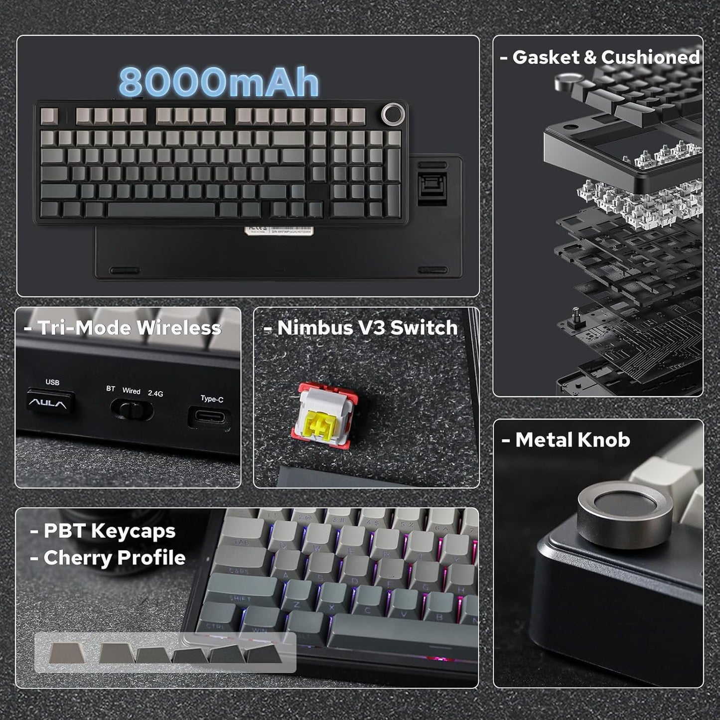 EPOMAKER X Aula F99 PRO Wireless Gaming Keyboard with 8000mAh Battery, Hot Swappable Creamy Keyboard, 2.4GHz/Type-C/BT5.0, NKRO, RGB Backlit for Win/Mac/Gaming (Black Gradient)