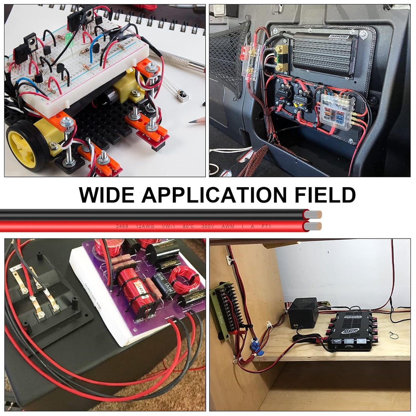 12AWG 2 Conductor Parallel Tinned Copper Wire - 20FT, Black, PVC Insulated, Solar Panel, LED, Automotive, RV, Inverter Compatible