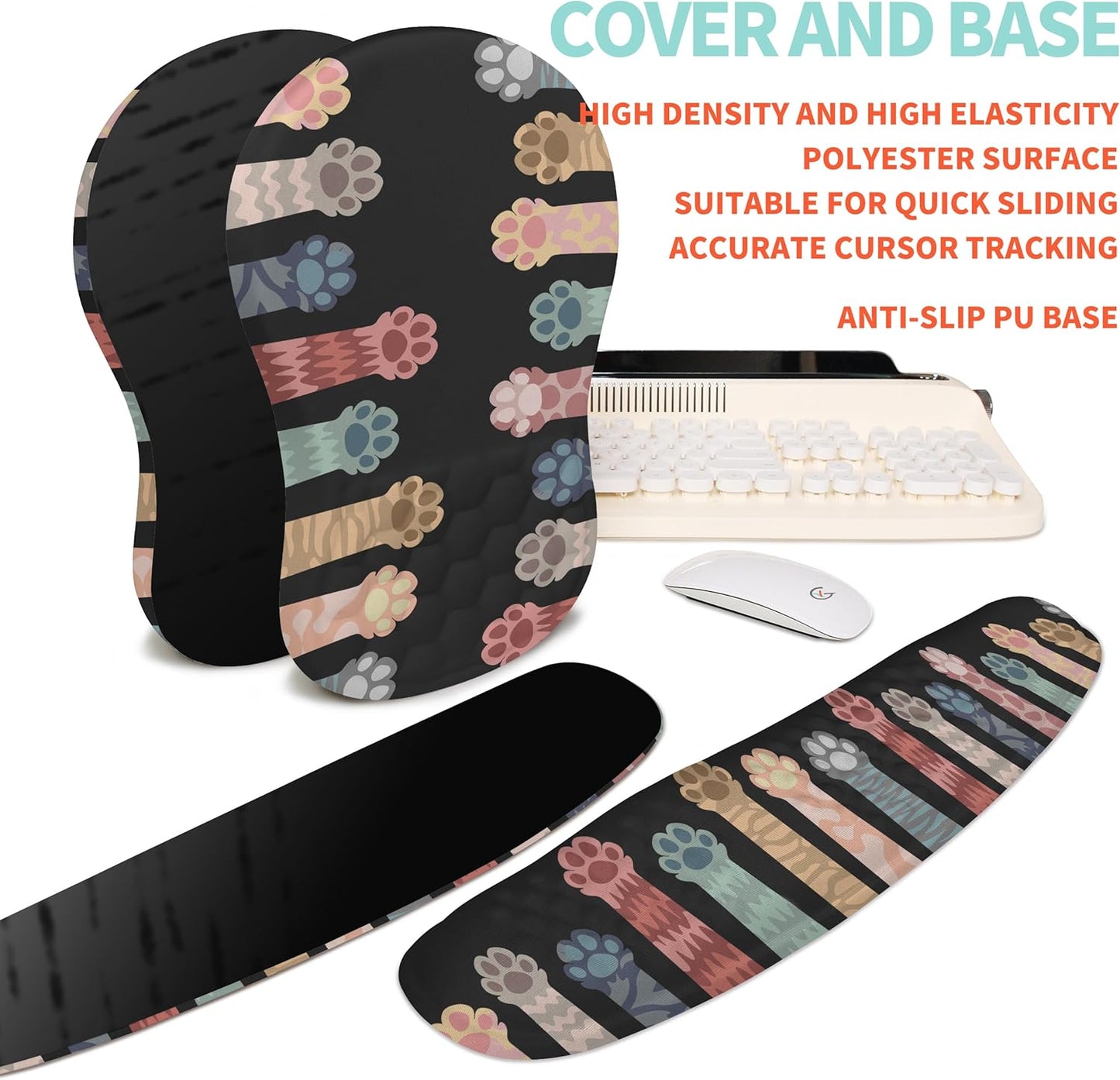 2-in-1 Ergonomic Set, Wave Rise Keyboard Wrist Rest and Massage Bulge Slope Mouse Pad Wrist Support, Cushion Memory Foam Integrated to Relieve Wrist Pain, Multicolour Cat Claws