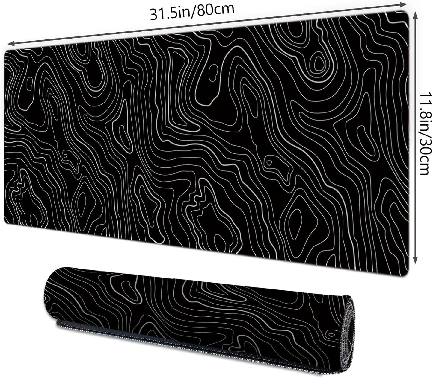 Gaming Mouse Mat Forest Background Pattern XXL XL Large Mouse Mat Long Extended Mouse Pad Desk Mat Non-Slip Rubber Mice Pads Stitched Edges Thin Pad (Topographic Map Balck)