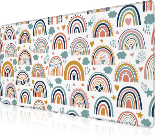 Mouse Pad, Large Boho Rainbow Desk Mat, Extended Non-Slip Gaming Keyboard Mousepad Desk Pad, Thick Stitched Edges Waterproof Mouse Mat 31.5"x15.7" (Scandi Rainbow and Stars Clouds)