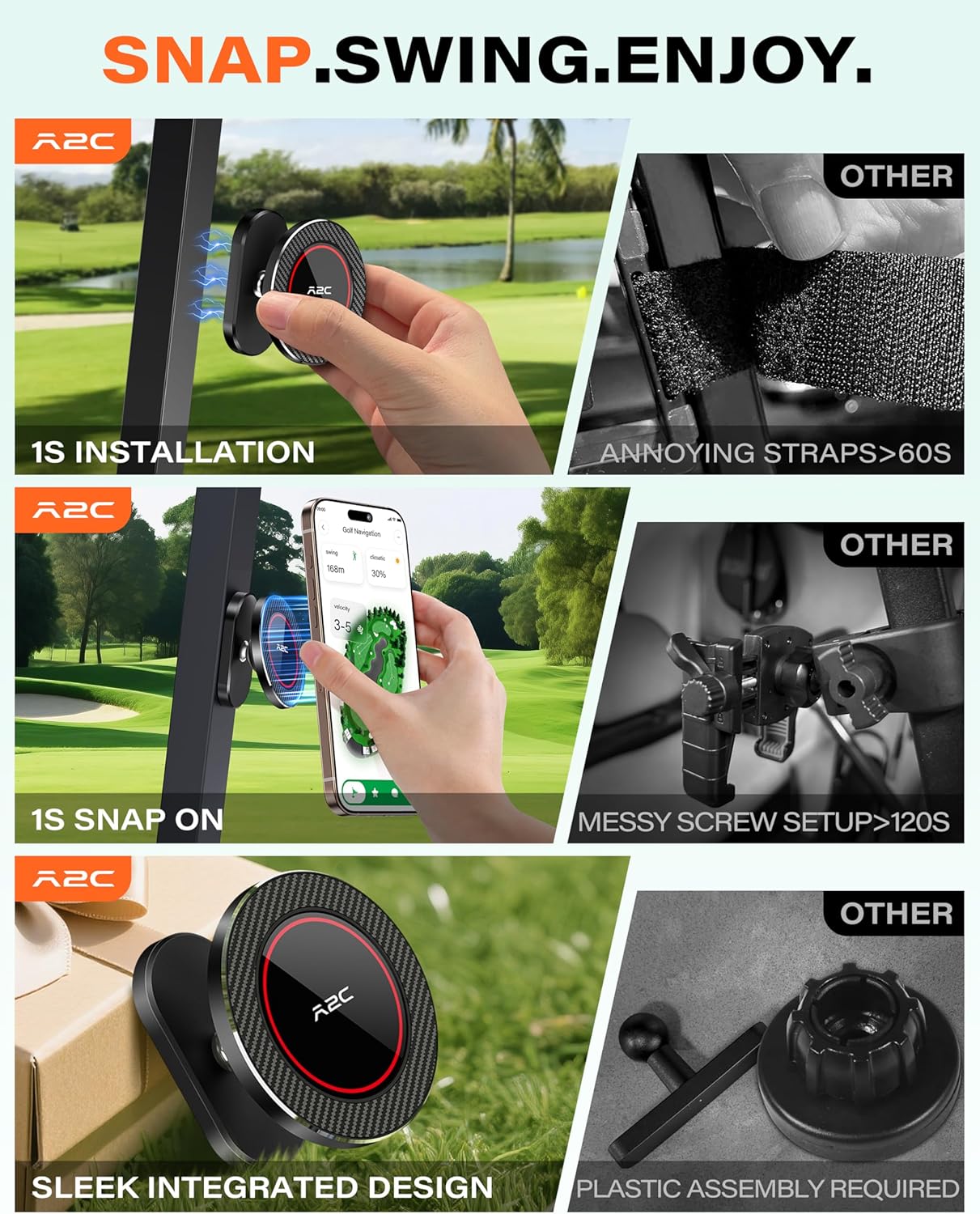 A2C Alloy Magnetic Golf Cart Phone Holder Compatible with MagSafe iPhone 16 Pro Max Plus 15 14 13 12 Mini Fits EZGO, Club Car, Yamaha, Icon, Golf Cart Accessories Essentials Gift for Men (Black)