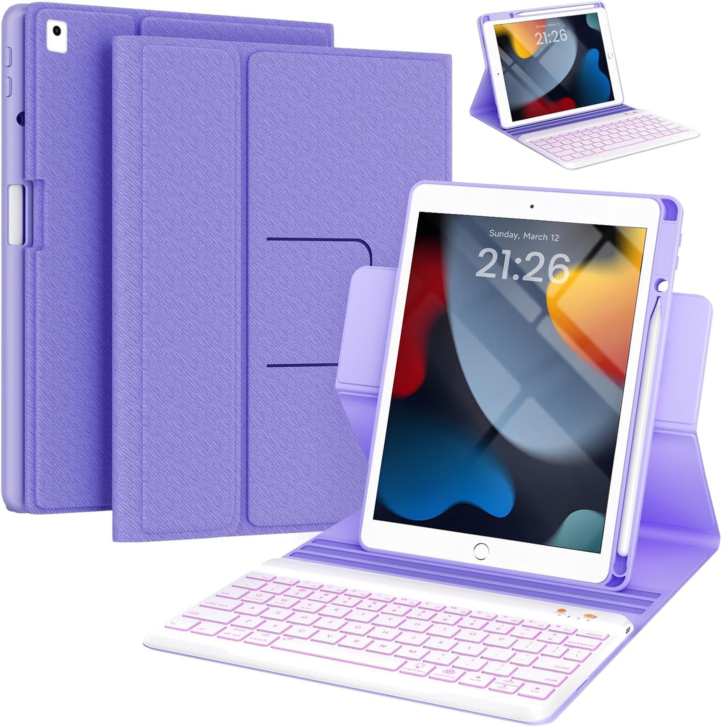 Keyboard Case for iPad 9th/8th/7th Generation 10.2 inch 2021/2020/2019 & ipad Pro 10.5-inch & ipad Air 3 2019-Backlit Detachable keyboard 360° Rotatable Folio Cover with upper pencil holder-(Purple)