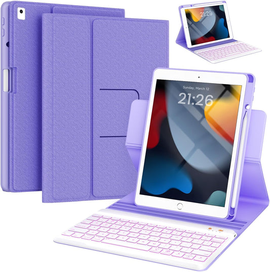 Keyboard Case for iPad 9th/8th/7th Generation 10.2 inch 2021/2020/2019 & ipad Pro 10.5-inch & ipad Air 3 2019-Backlit Detachable keyboard 360° Rotatable Folio Cover with upper pencil holder-(Purple)