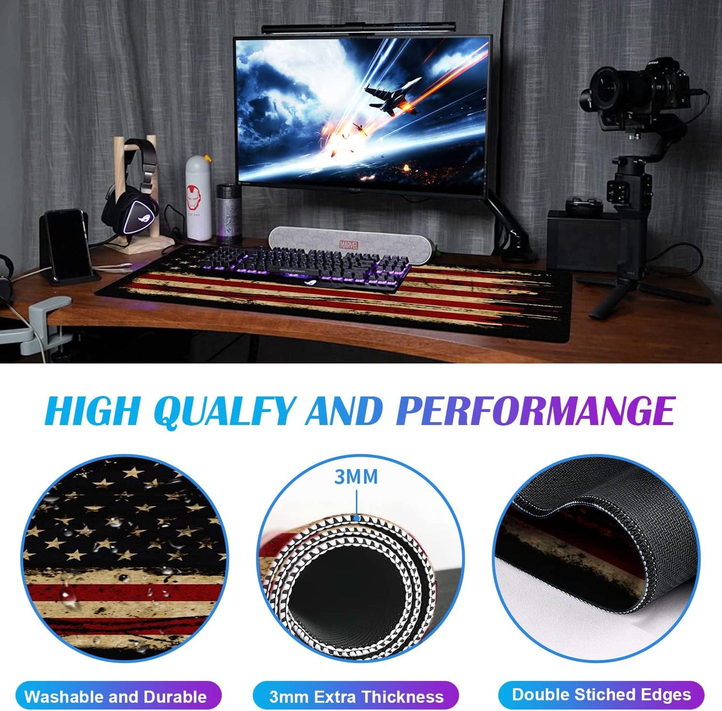 Large Extended Gaming Mouse Pad with Stitched Edges, Non-Slip Waterproof Rubber Base Mouse Pad for Office, Computer, Keyboard, Laptop and Home Desk Pad 35.4 x 15.7 x 0.12 Inch (American Antique Flag)