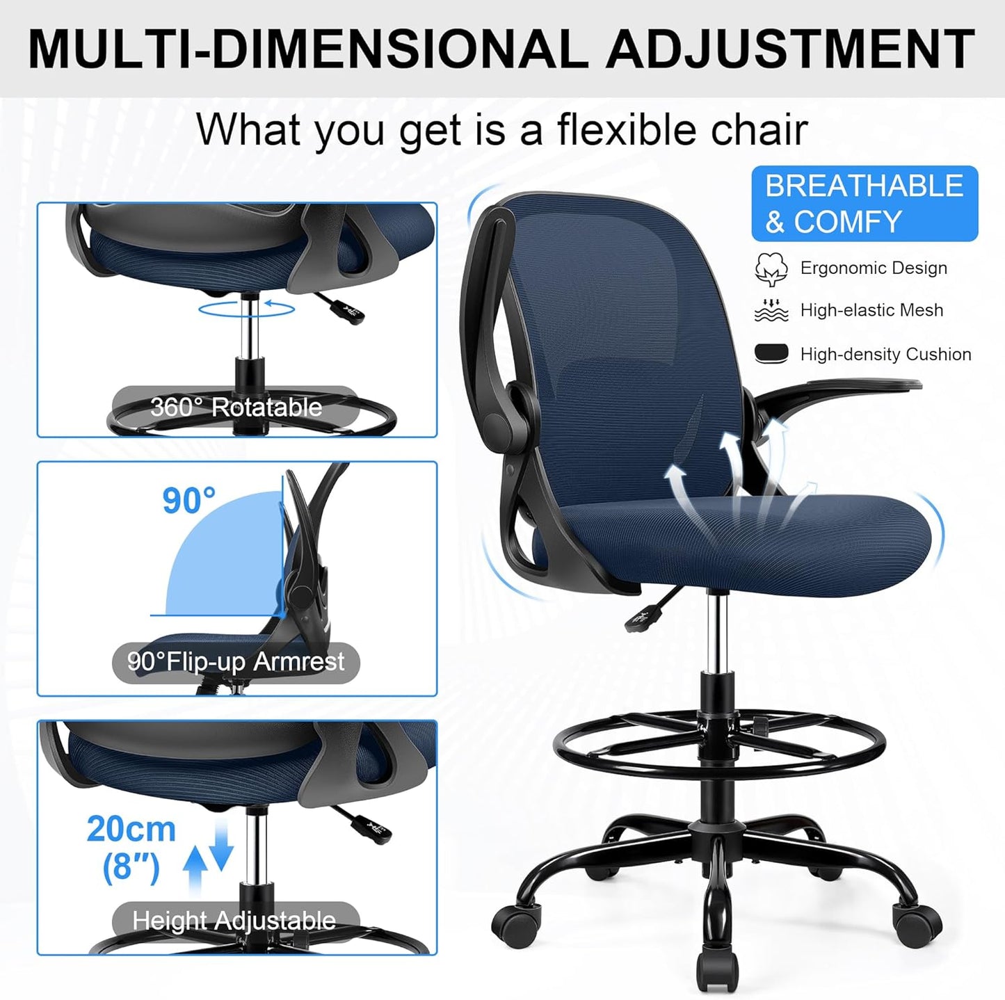Drafting Chair Tall Office Chair with Flip-up Armrests, Adjustable Height, Enhanced Lumbar Support Ergonomic Rolling Stool, Back Support, Adjustable Foot Rest Ring for Standing Desk Navy