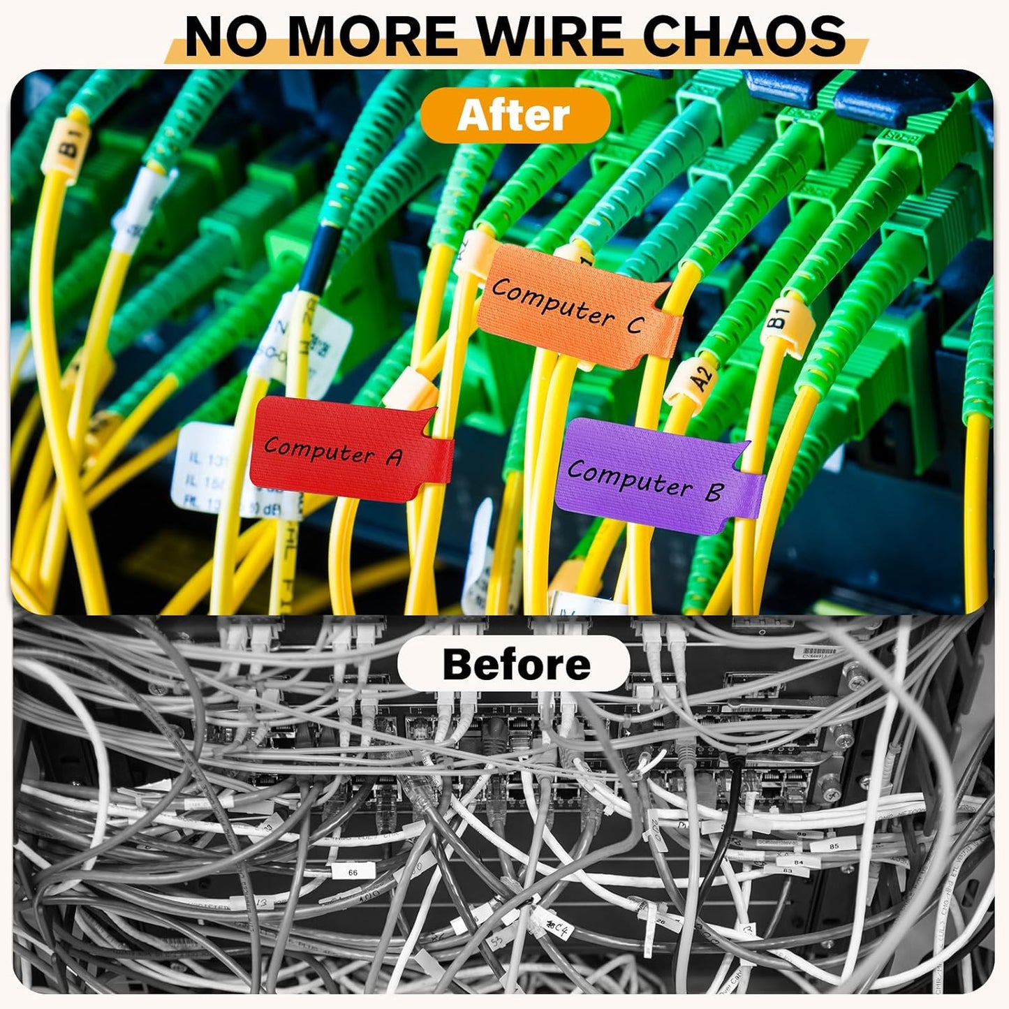 36Pcs Large Cable Labels - 8 Colors Reusable Write-On Wire Labels Tags, Cord Identification Labels for Electronics, with 40Pcs Label Stickers, Cable Management for Home, Office, Rectangle