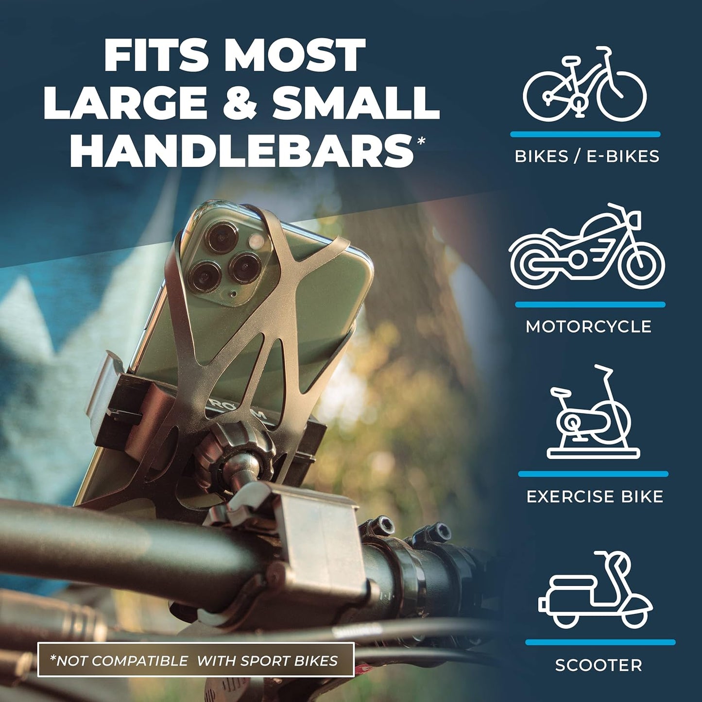 Roam Universal Black Net Bike Phone Mount Holder, 360° Rotation Hands Free Cell Navigation System for Motorcycle eBike Dirt Road Cruiser Scooter Jogging Stroller, Adjustable Up to 3.6" W x 7" L