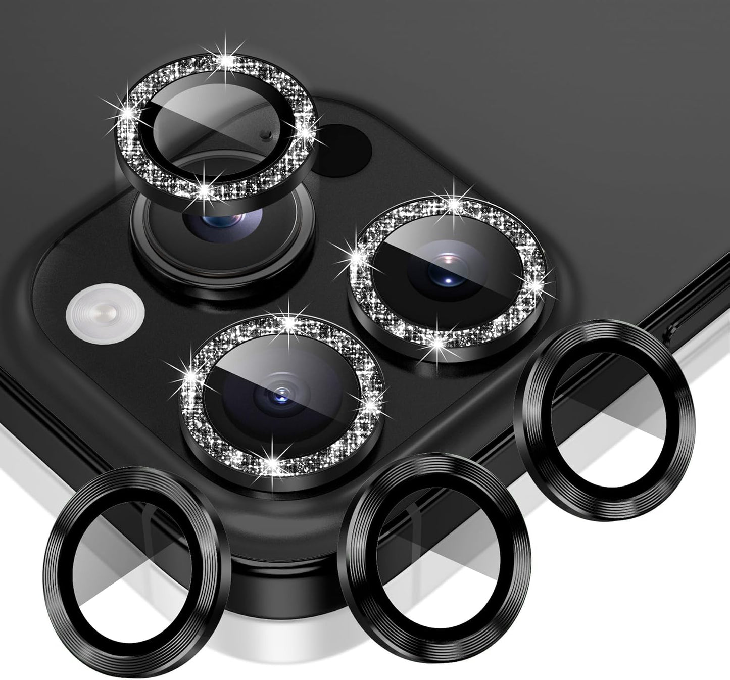 AGVEE 3+3 6 Pack for iPhone 16 Pro 6.3" / 16 Pro Max 6.9" Camera Lens Cover Protector, Bling Glitter & CD-Textured Metal Ring 9H Tempered HD Glass Camera Cover Protector Film, Glitter-Black