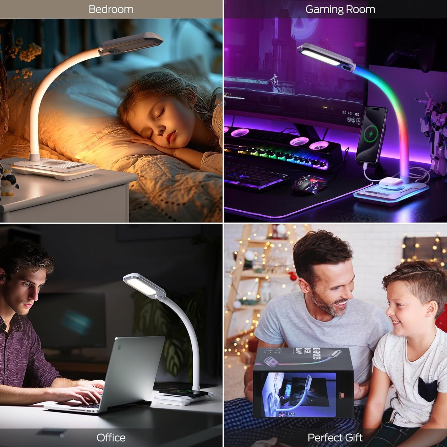 WILIT Desk Lamp with Wireless Charger, Music Sync RGB Color Changing Lights, Gaming Lamp with USB Charging Port, Touch Control Table Lamp, Desktop Light for Home Office Dorm Room, Birthday Gifts