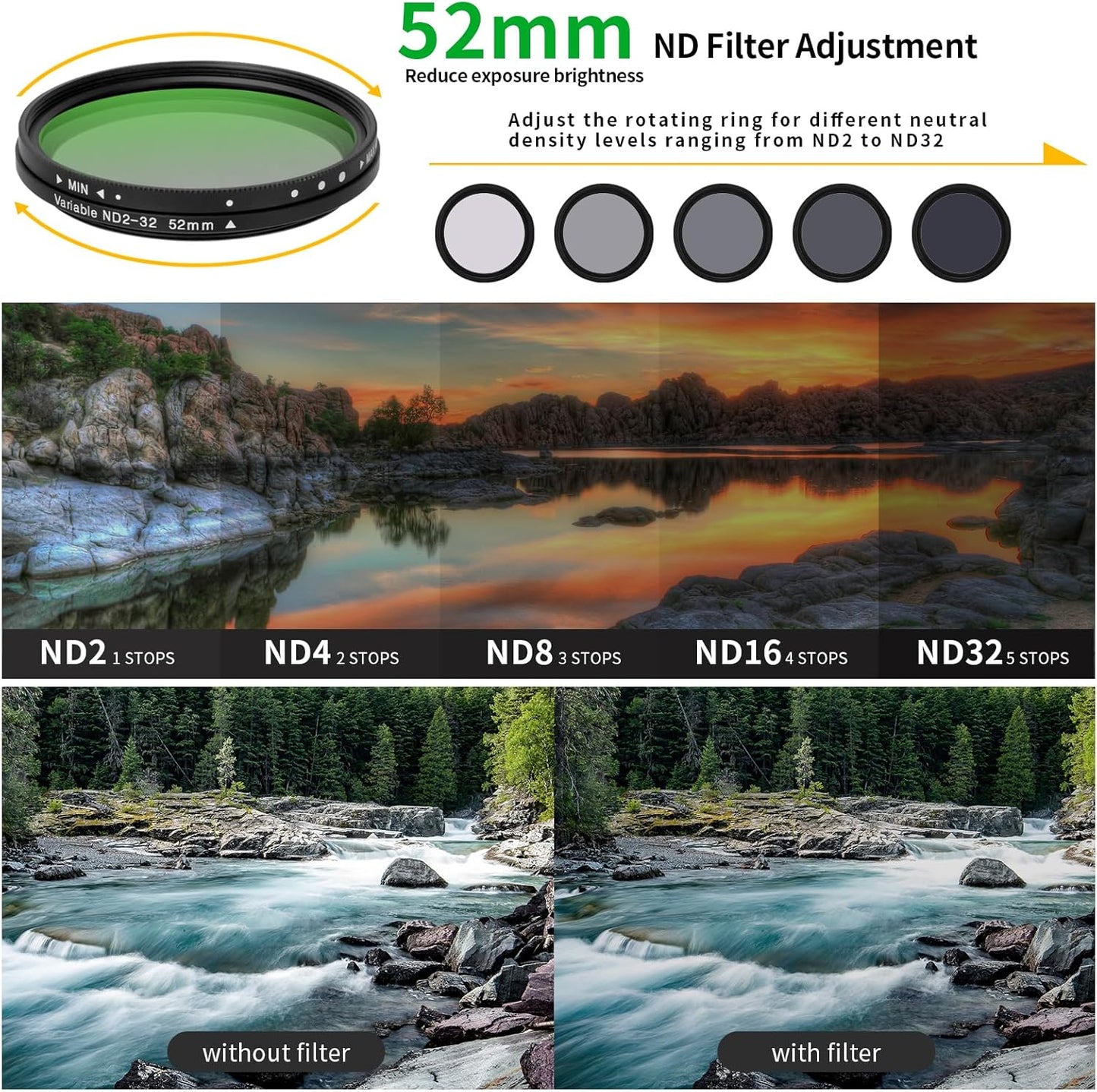 52MM Variable ND2-32 Filter for Phone, Multi-Coating Clip-On Variable Neutral Density Lens Kit, Compatible with iPhone 16/15/14/13 Pro Max, Samsung Galaxy, Google Pixel and Other Smartphone