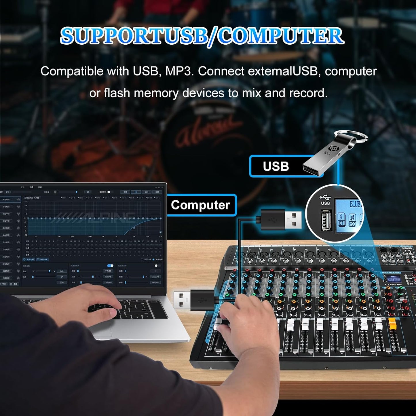 12 Channel Audio Interfacer Sound Board Mixer DJ Mixer 16-Bit DSP Effect USB Audio Mixer +48V Phantom Power Bluetooth Mixer for Karaoke Studio Streaming Recording,Live Streaming