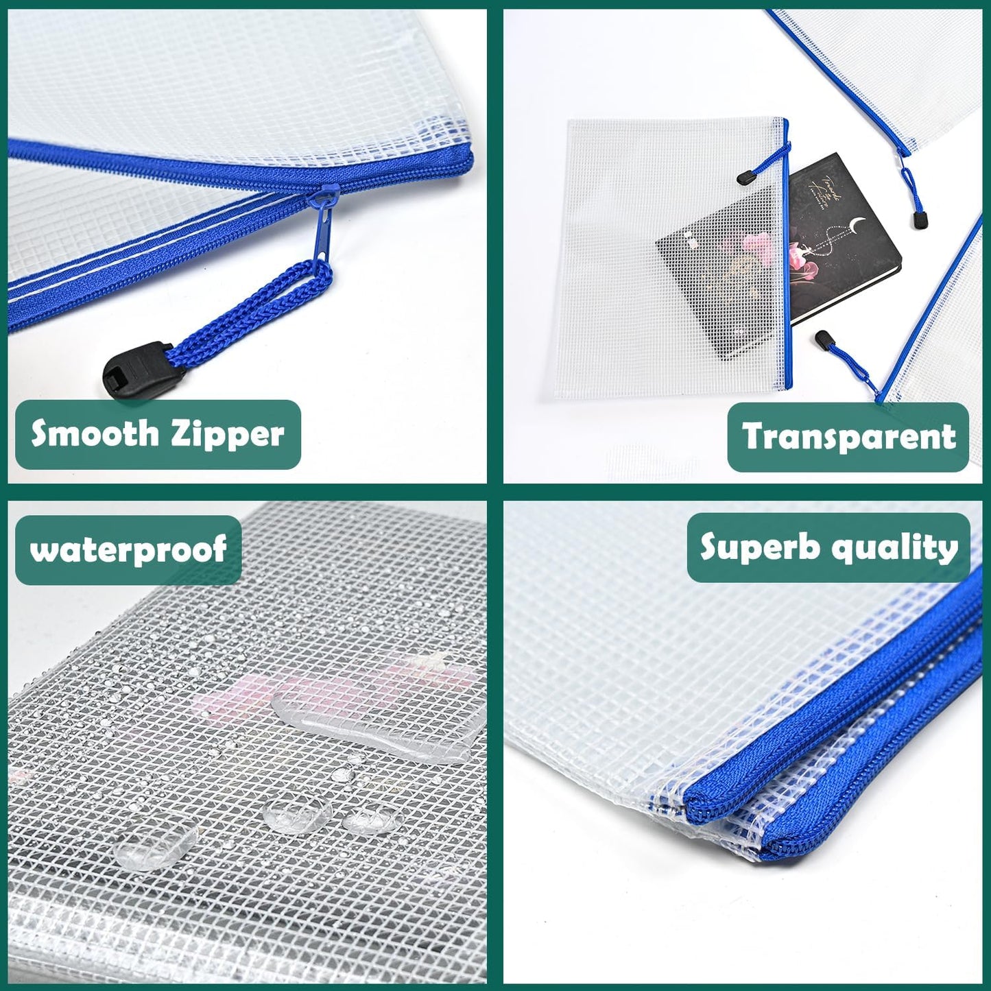 AUSTARK 20 Pcs Zipper File Bags, Plastic Mesh Pouch, Board Game Storage Bag, Waterproof Bags for Office School (B4 Size 15''x11'', White and Blue)