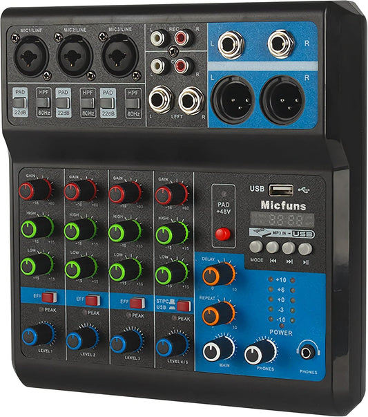 Mini audio DJ mixer Sound Board Console System,5 Channel 48V Phantom Power with Bluetooth USB MP3 Stereo live DJ Studio Streaming for professional recording party KTV stage